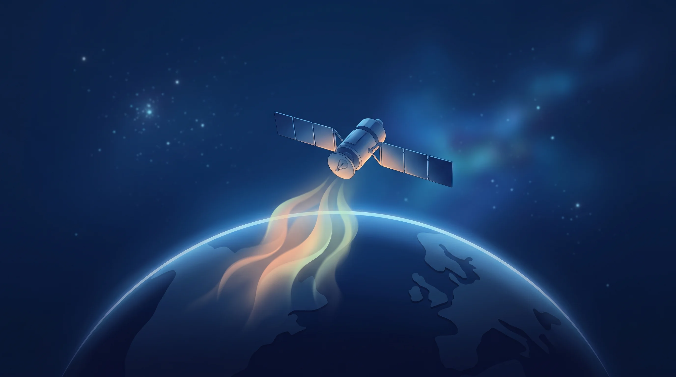 Digital illustration for article section "Seven Wedges, Each Getting Sharper" in "The Rise of Earth Intelligence: 7 Geospatial AI Opportunities" - A sleek, modern satellite orbiting high above a minimalist, stylized Earth, casting a gentle, concep...