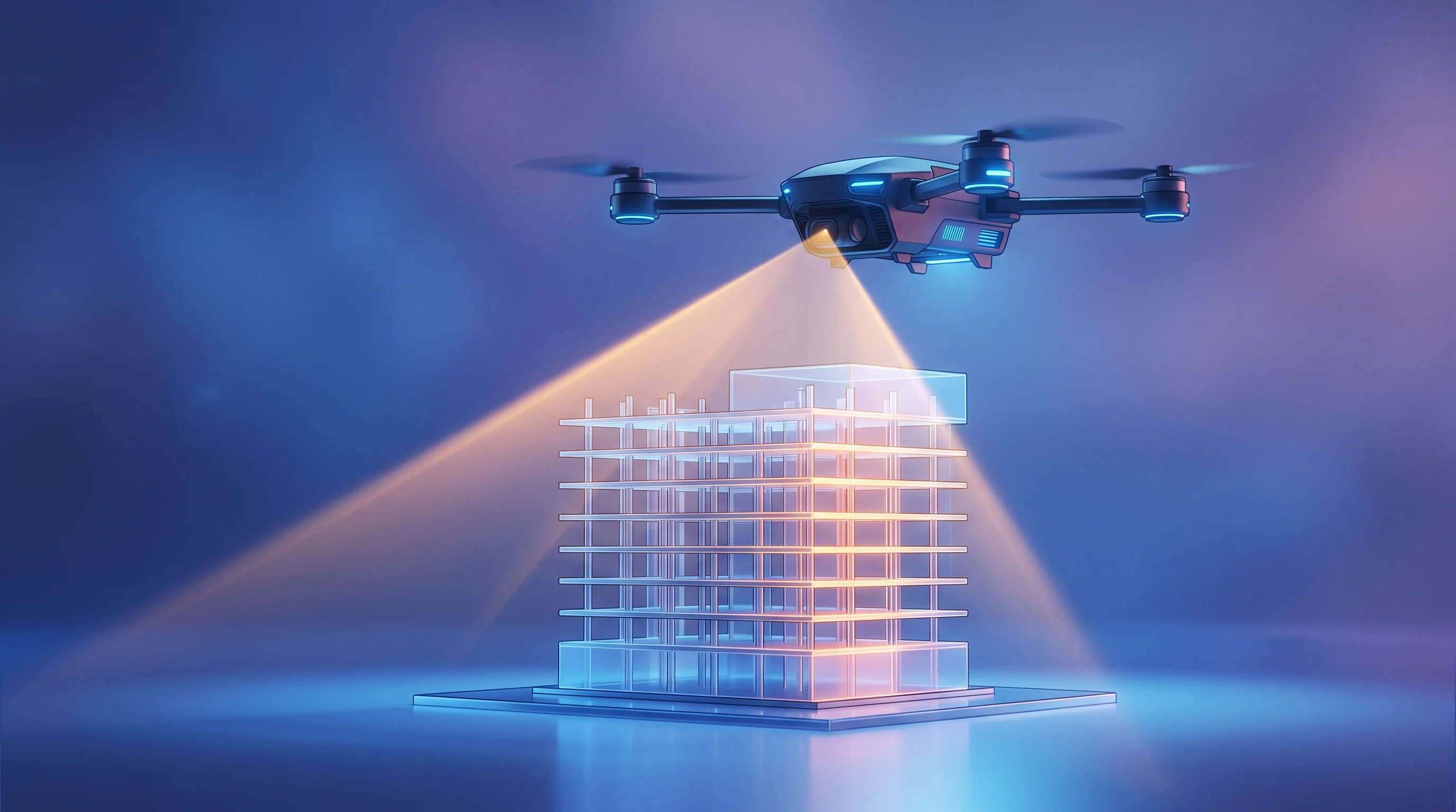 Digital illustration for article section "Infrastructure Monitoring and Digital Twins" in "The Rise of Earth Intelligence: 7 Geospatial AI Opportunities" - A sleek, modern commercial drone hovering gently above a minimalist, translucent architectural model...