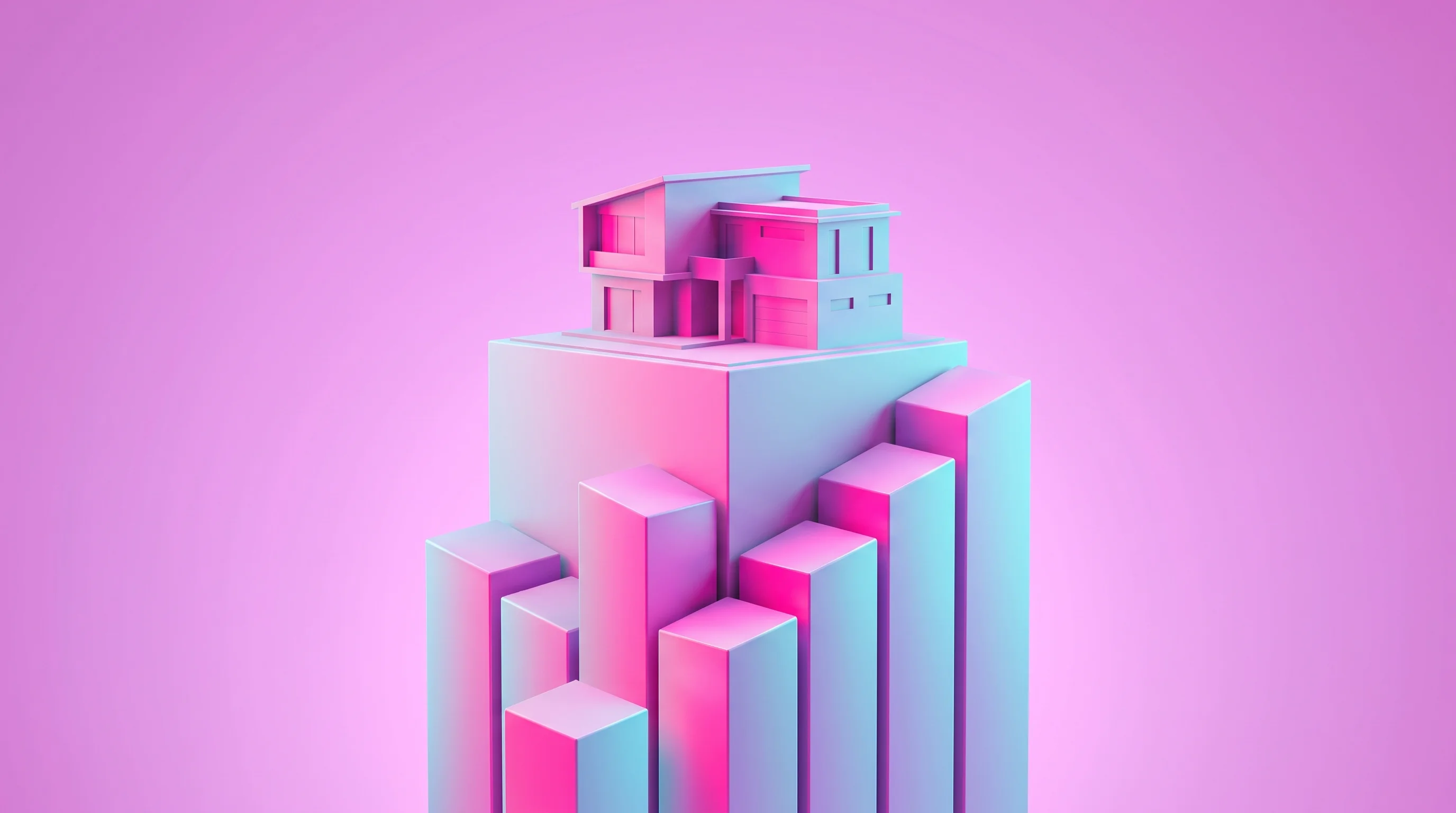 Digital illustration for article section "The Returns Pitch (And the Risks Underneath)" in "Duppla Raises $60M to Scale Rent-to-Own Housing in Colombia" - A minimalist, conceptual 3D illustration of a modern residential house model resting delicately on a...