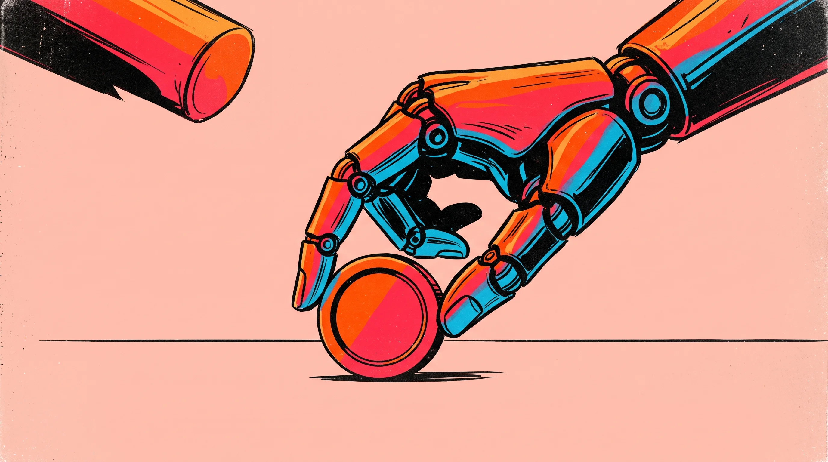 Digital illustration for article section "The Gamble" in "Axis Robotics Raises $12M to Build Crypto-Powered Robotics Data Engine" - A sleek, modern robotic hand placing a single, bold token onto a clean, minimalist surface, visually...