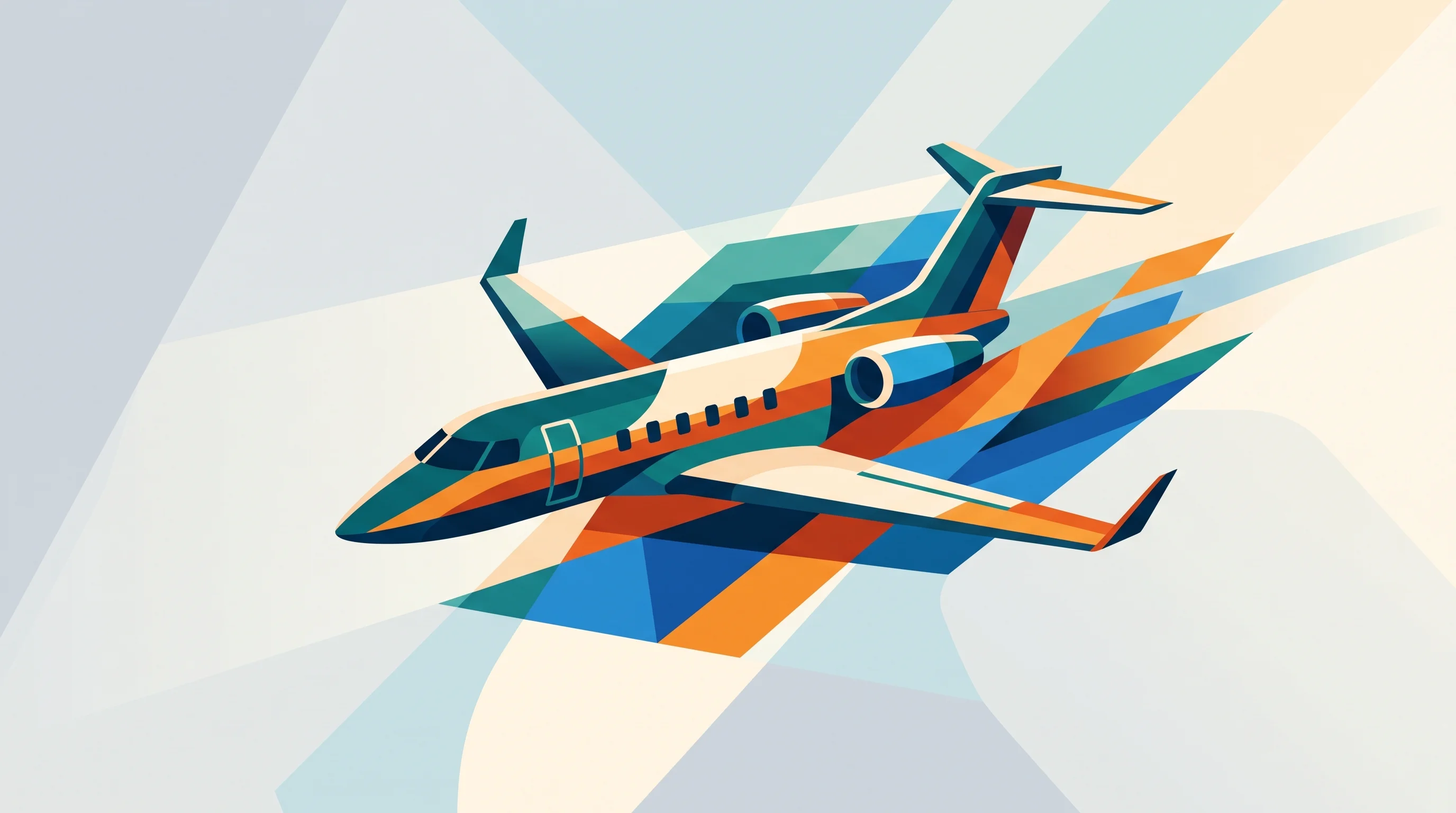 Digital illustration for article section "What Wheels Up Is Actually Buying" in "Surf Air's SurfOS Lands Wheels Up in $12M Aviation Software Play" - A sleek, abstract representation of a modern private jet seamlessly merging with layered, overlappin...