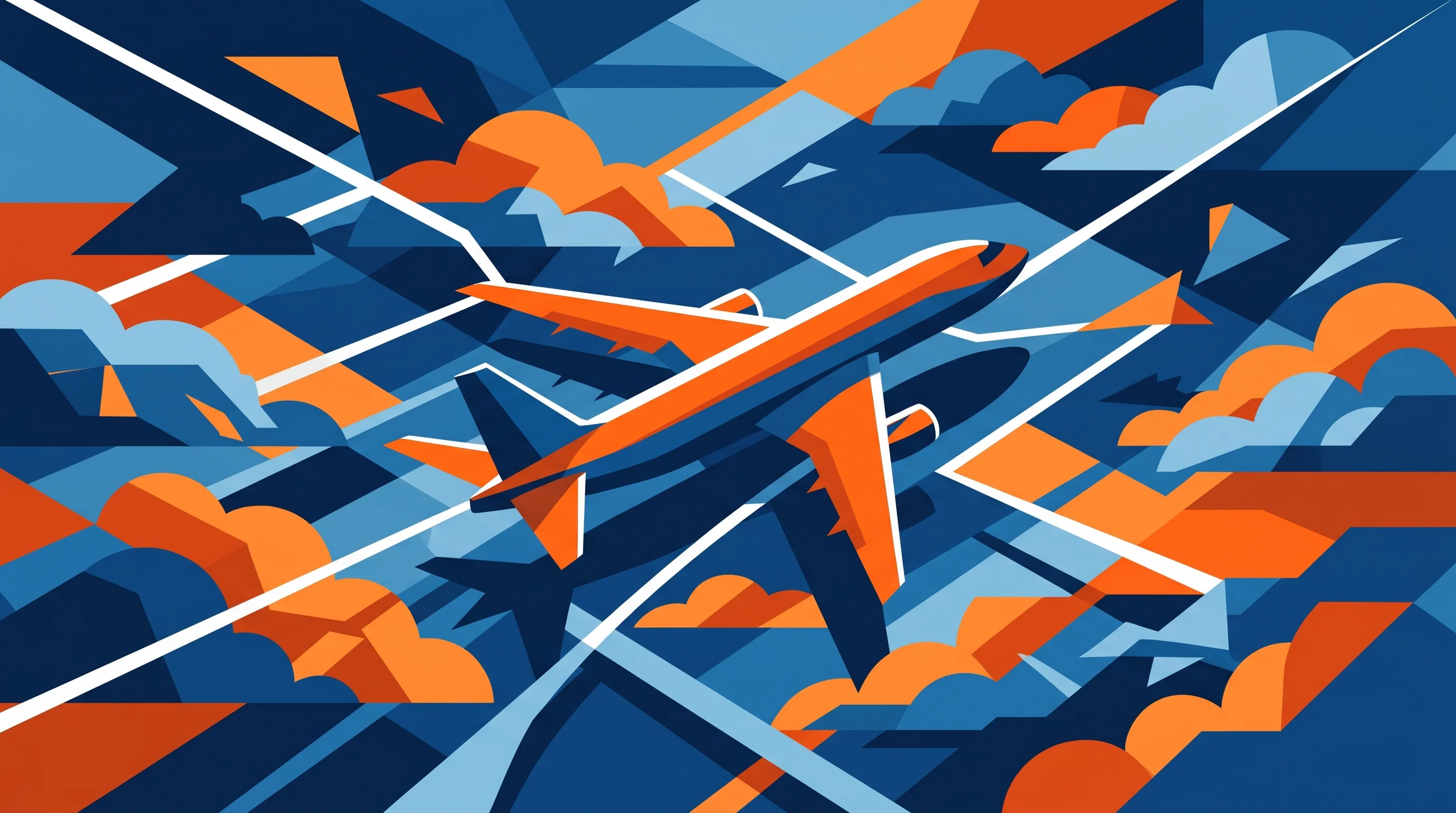 Digital illustration for article section "Competing in a Crowded, Fragmented Market" in "Surf Air's SurfOS Lands Wheels Up in $12M Aviation Software Play" - A conceptual illustration of a sleek, abstract airplane navigating through a fragmented and crowded ...