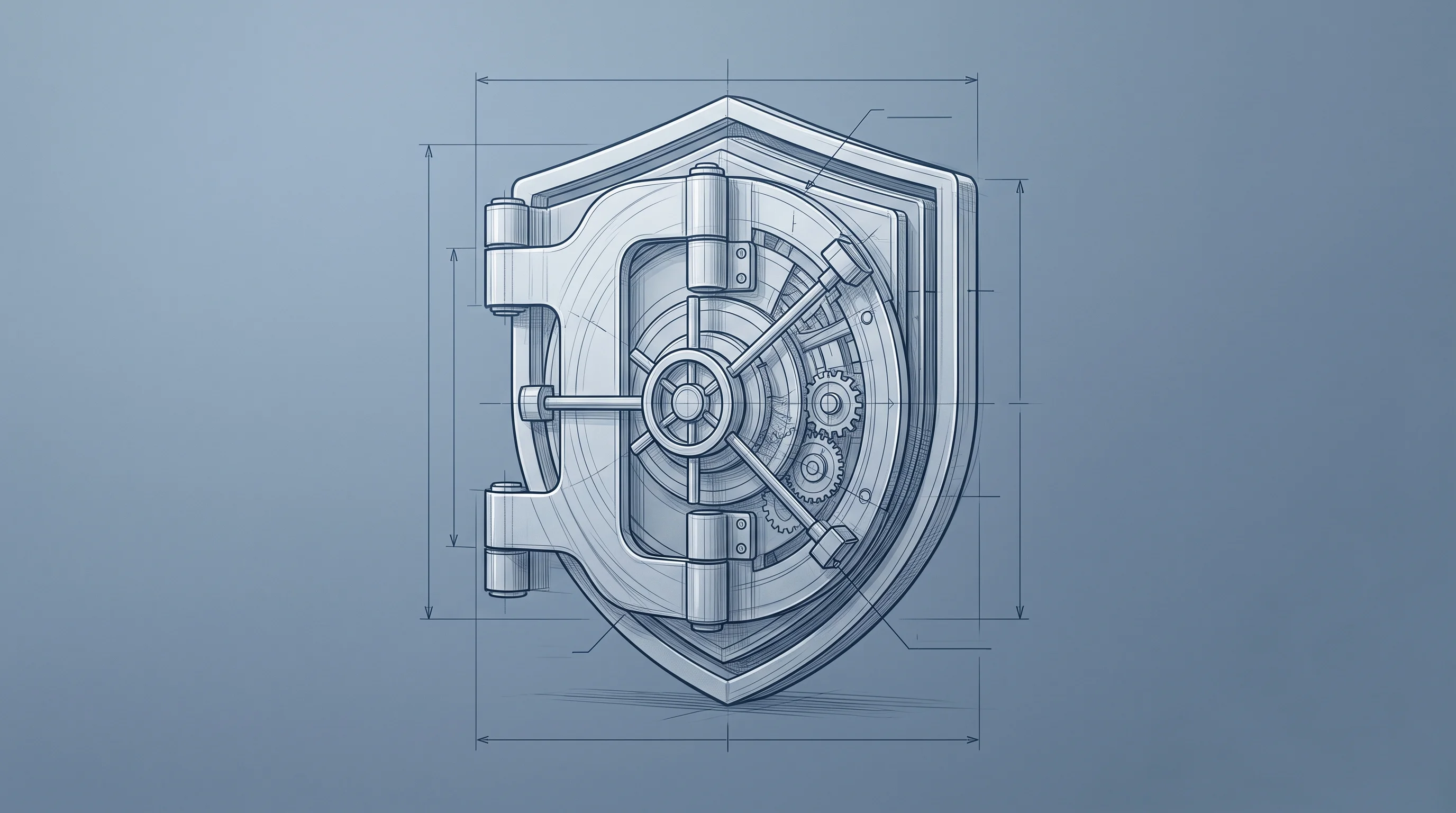 Digital illustration for article section "The Compliance Gauntlet" in "Blaze Scores $8.5M Pre-Seed Led by HCA-Linked Friale Ventures" - A minimalist and conceptual depiction of a multi-layered security vault door or interlocking shield ...
