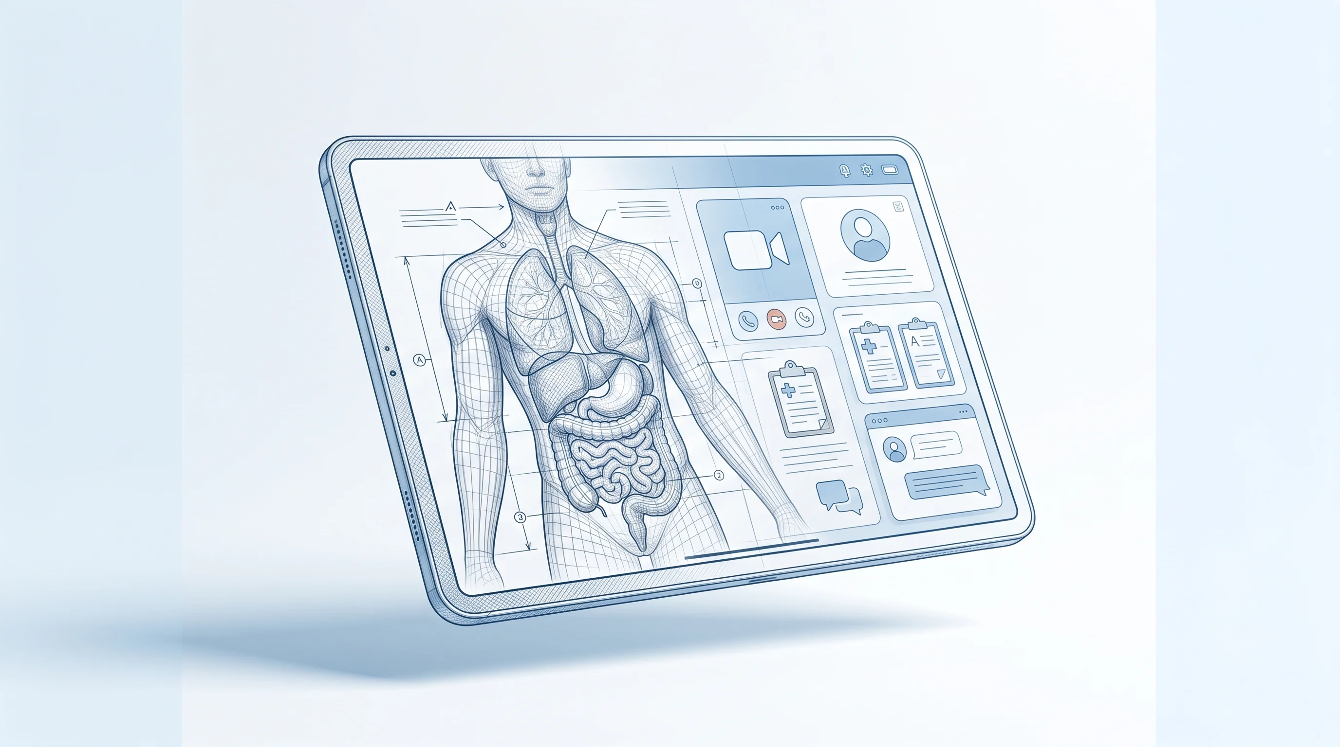 Digital illustration for article section "The Road Ahead" in "Blaze Scores $8.5M Pre-Seed Led by HCA-Linked Friale Ventures" - A sleek, modern medical tablet displaying a clean telehealth and electronic health record interface,...
