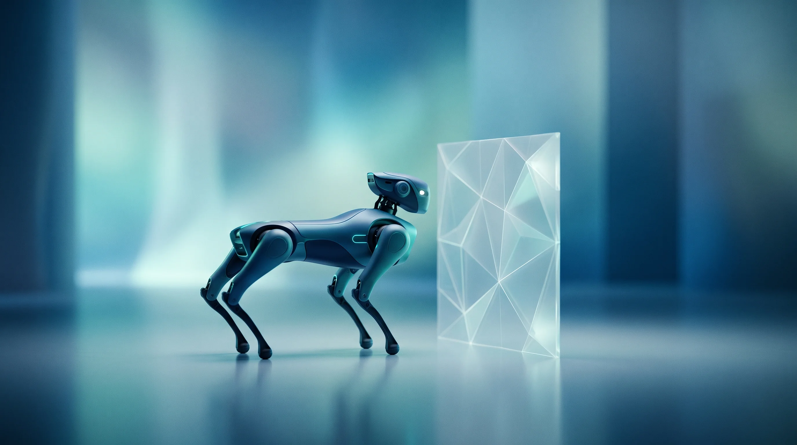Digital illustration for article section "Policy Tailwinds at Precisely the Right Moment" in "How a 4-Person YC Startup Is Building $2K Humanoid Robots in San Francisco" - A sleek, modern robotic quadruped paused before a subtle, translucent geometric barrier, conceptuall...