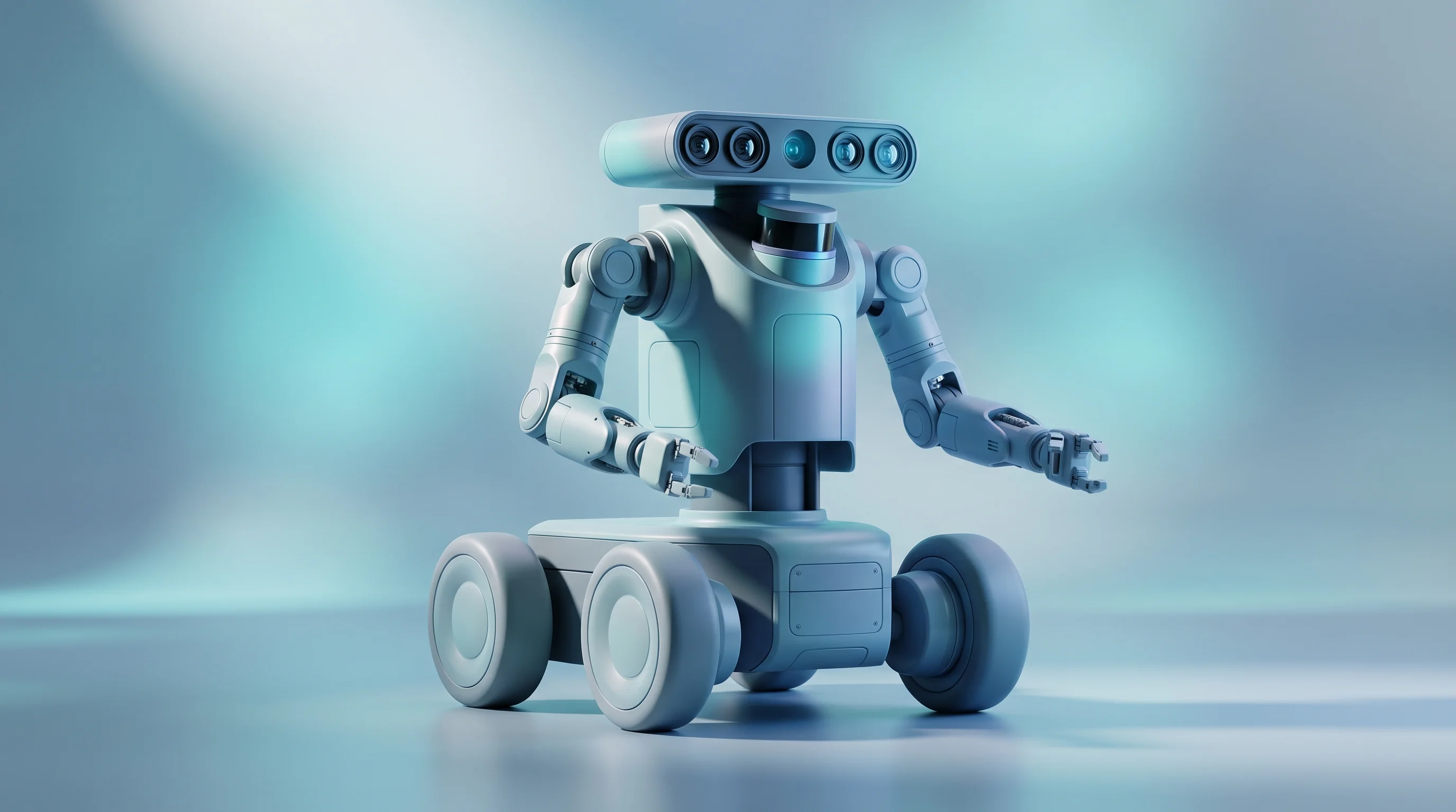 Digital illustration for article section "What $1,688 Actually Buys You" in "How a 4-Person YC Startup Is Building $2K Humanoid Robots in San Francisco" - A minimalist 3D rendering of a highly advanced bimanual wheeled robotic platform positioned centrall...