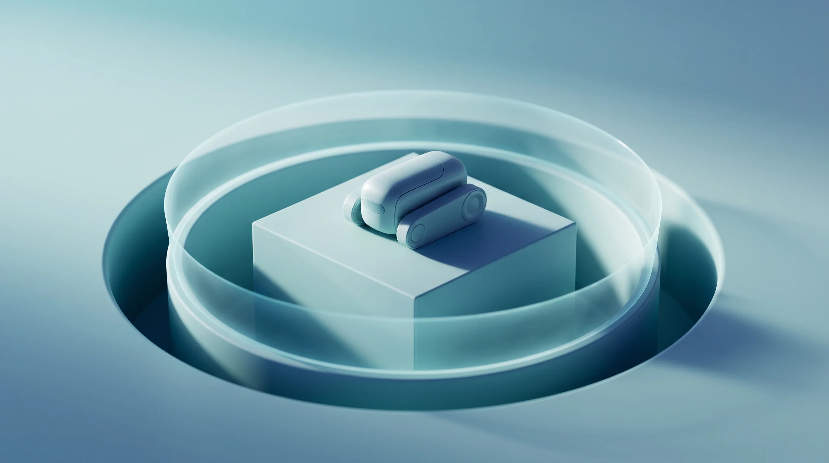 Digital illustration for article section "The Regulatory Moat" in "How a 4-Person YC Startup Is Building $2K Humanoid Robots in San Francisco" - A conceptual 3D rendering of a "regulatory moat" featuring a sleek, minimalist robotic form resting ...
