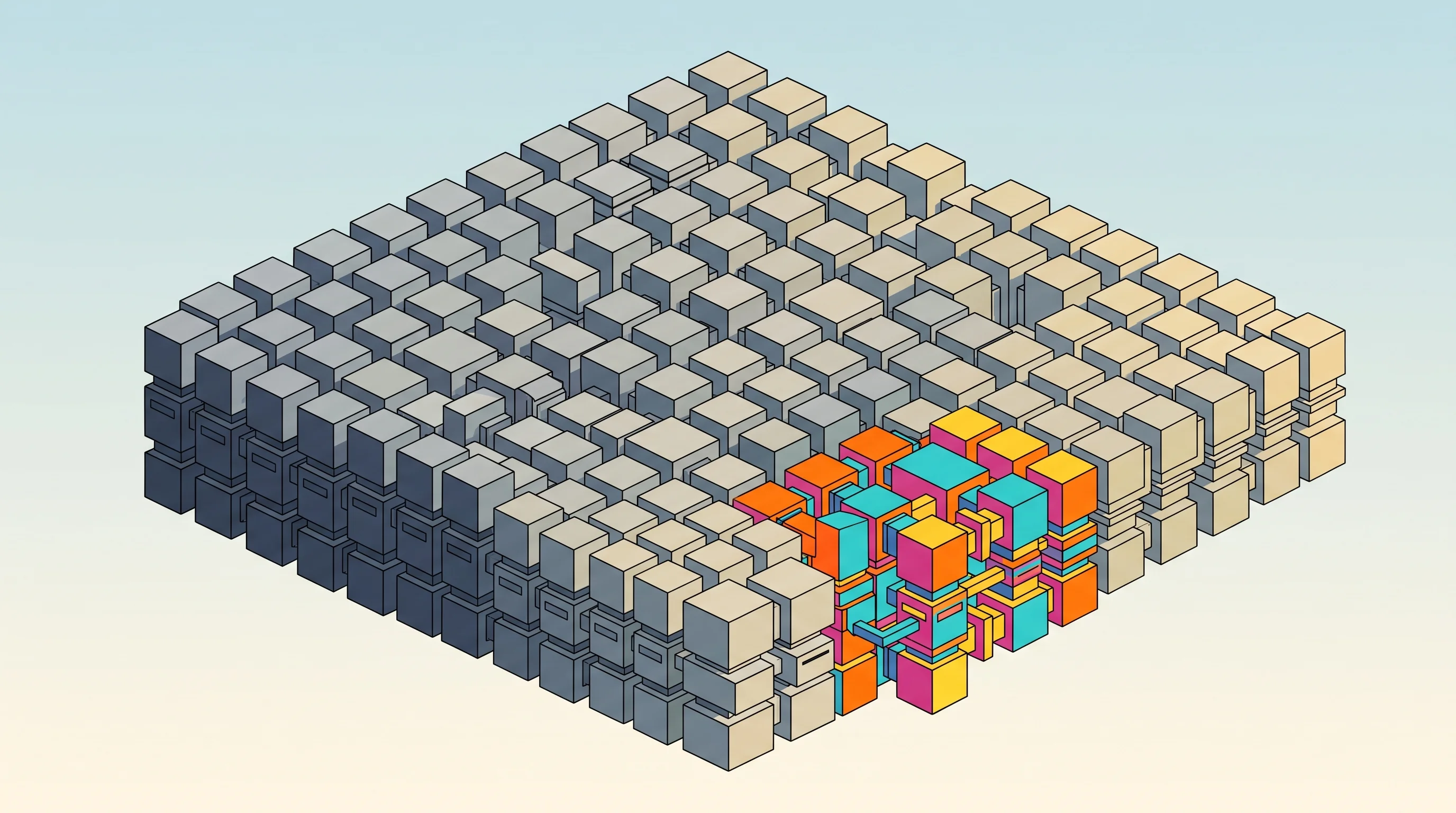 Digital illustration for article section "The Architecture Behind the Arbitrage" in "DeepSeek's AI Models Run 100x Cheaper, Sparking Industry Price War" - A conceptual, retro-futuristic architectural illustration representing an efficient mixture-of-exper...