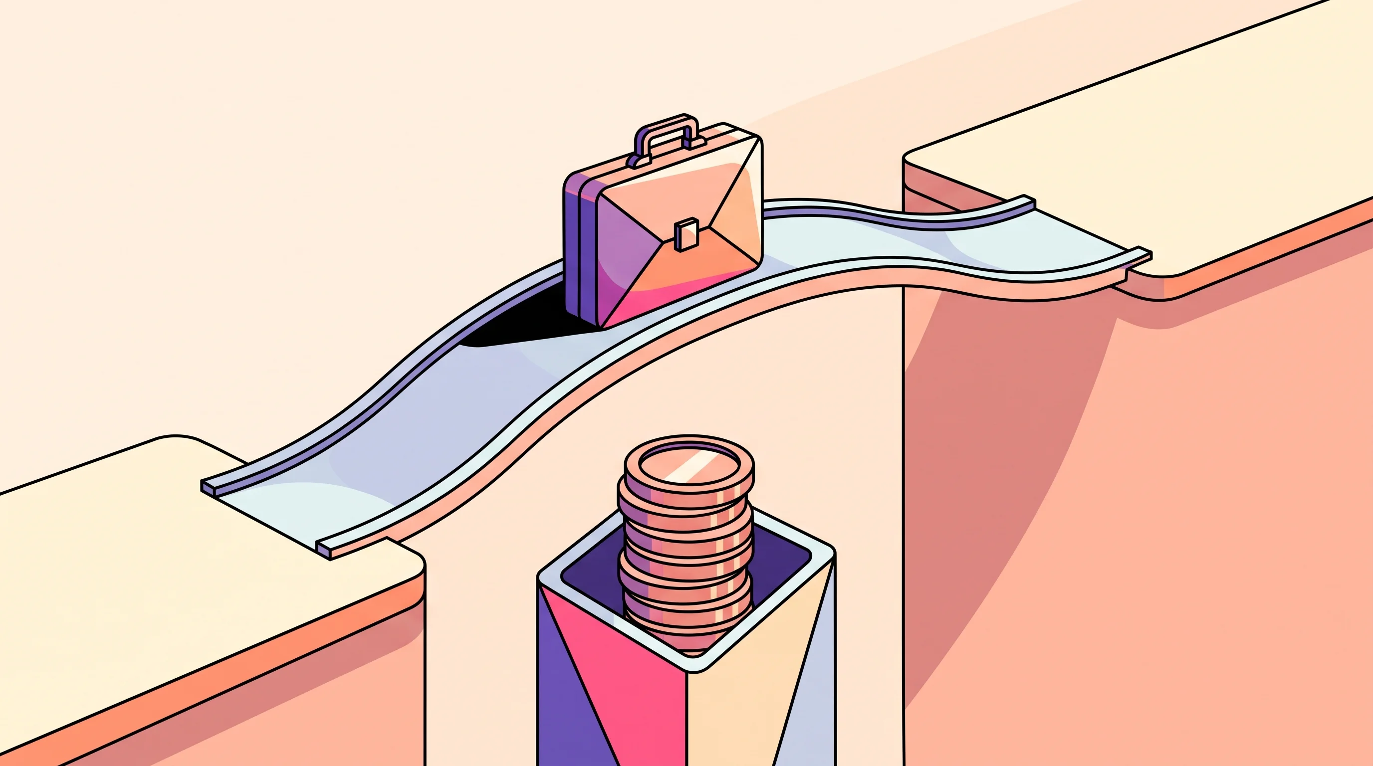 Digital illustration for article section "Production Deployments and Real-World Switching Costs" in "DeepSeek's AI Models Run 100x Cheaper, Sparking Industry Price War" - A clean, conceptual illustration of a smooth, retro-futuristic transit bridge seamlessly moving a sl...