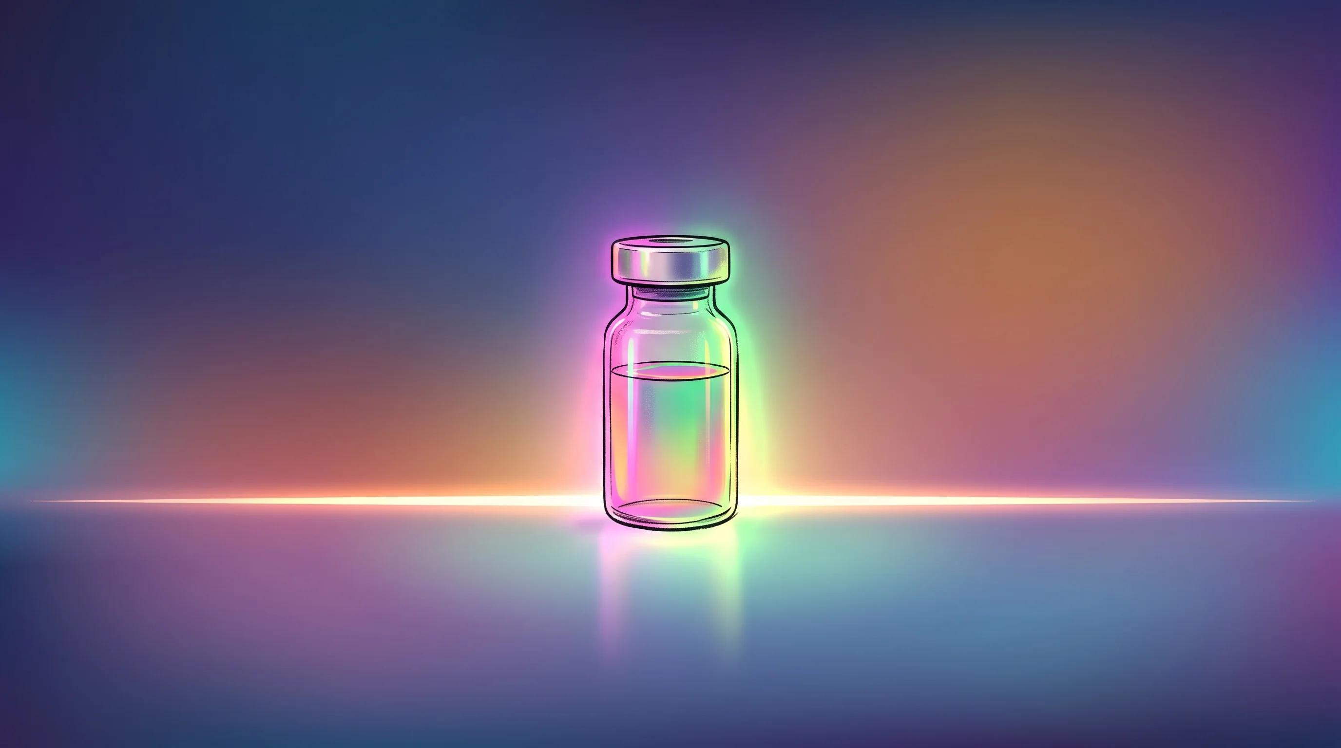 Digital illustration for article section "What Comes Next" in "The Race to Build Personalized Vaccines in Weeks, Not Months" - A clean, minimalist conceptual illustration of a single, sleek medical vaccine vial positioned at th...