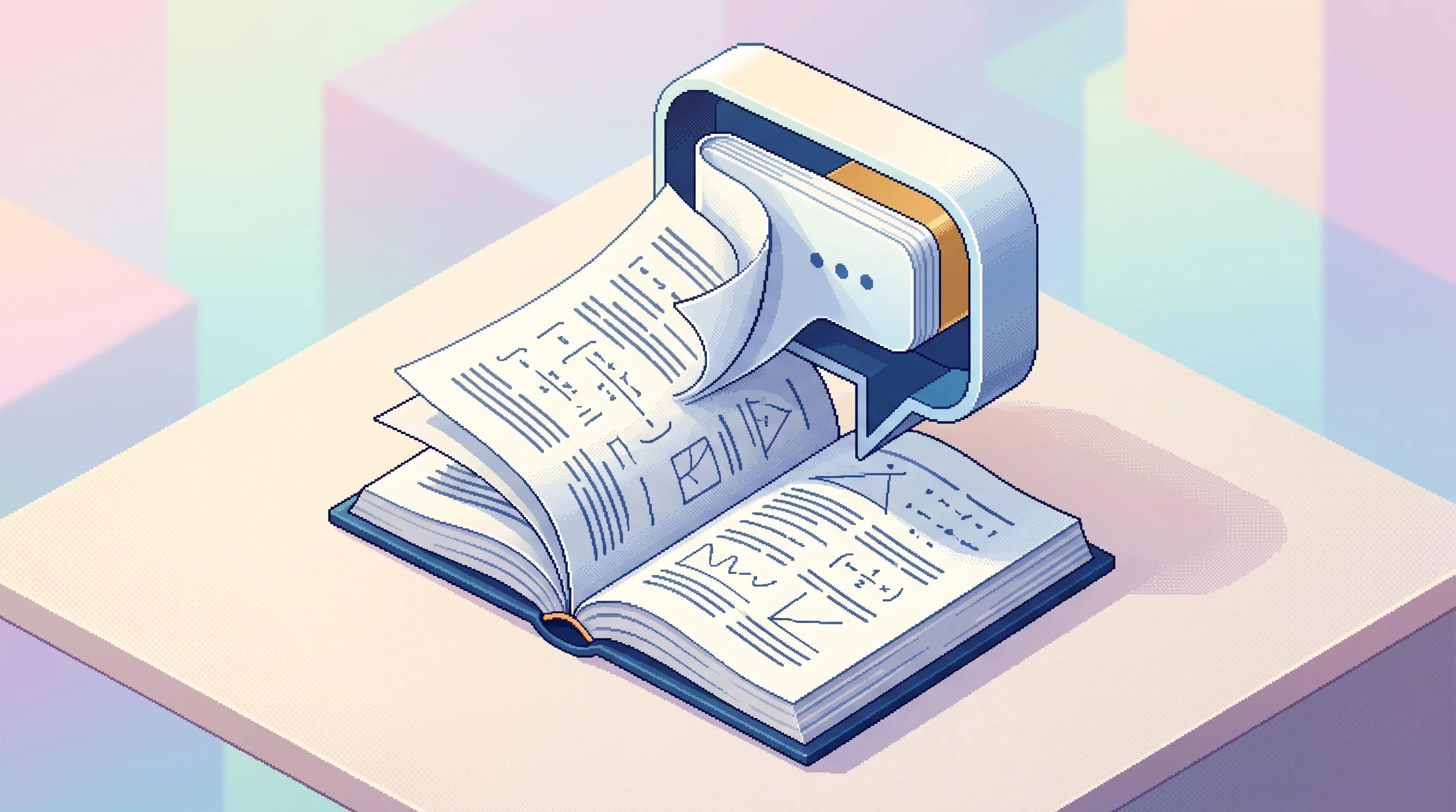 Digital illustration for article section "Research Credibility Meets Enterprise Reality" in "DeepPavlov Founders Build Enterprise AI Agents After Techstars" - A minimalist, top-down isometric view of a single, elegant conceptual structure representing convers...