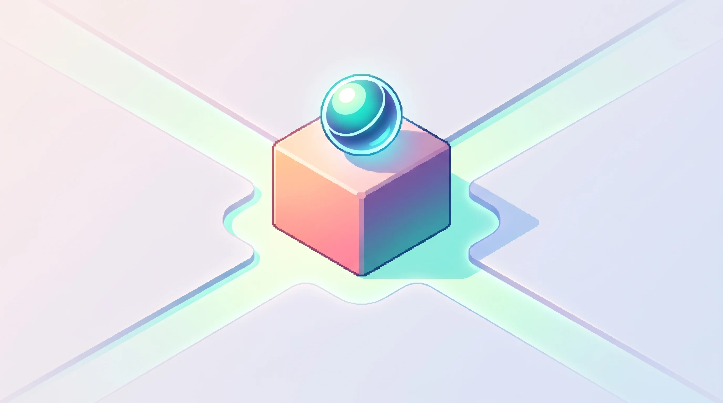 Digital illustration for article section "The Unsettled Question" in "DeepPavlov Founders Build Enterprise AI Agents After Techstars" - A minimalist, top-down isometric view of a single, pristine architectural foundation block resting a...