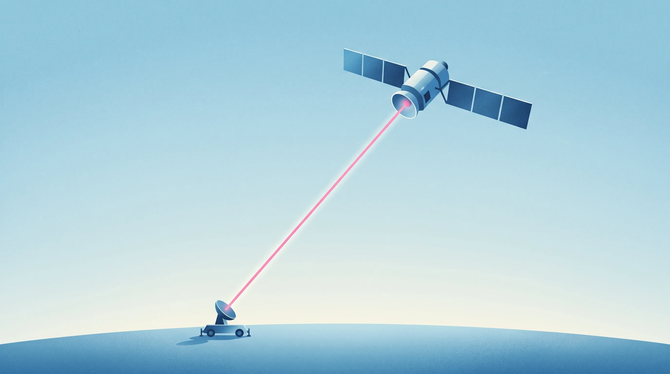 Digital illustration for article section "Why Lasers, Why Satellites, Why Now" in "Endeavor Optical Networks Raises $10.75M to Route AI Traffic via Satellite" - A conceptual, minimalist illustration of a sleek, modern satellite in low Earth orbit casting a prec...