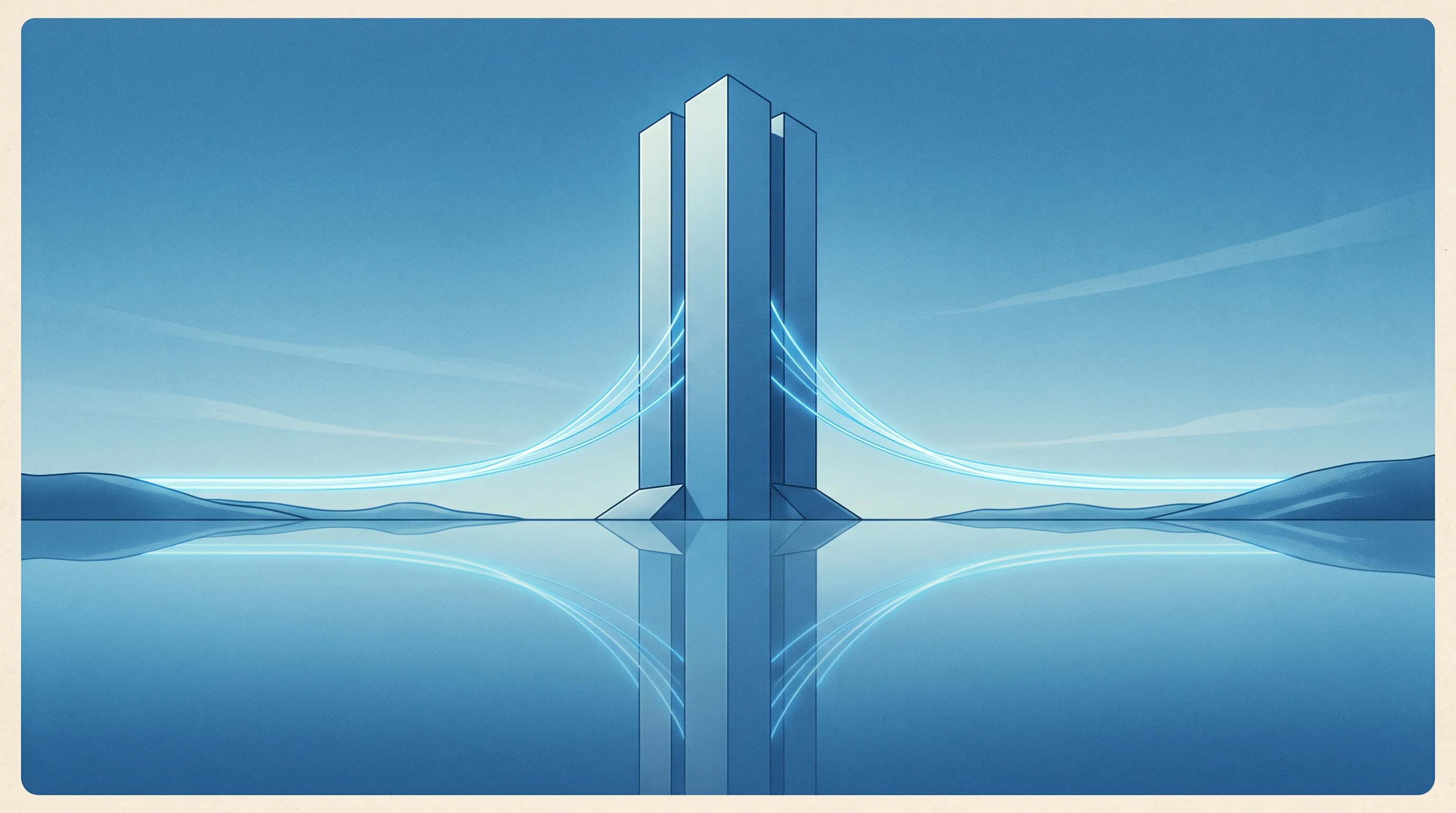 Digital illustration for article section "The Infrastructure Arms Race" in "Endeavor Optical Networks Raises $10.75M to Route AI Traffic via Satellite" - A conceptual, minimal depiction of an AI infrastructure "factory" rendered in a surreal blue dreamsc...