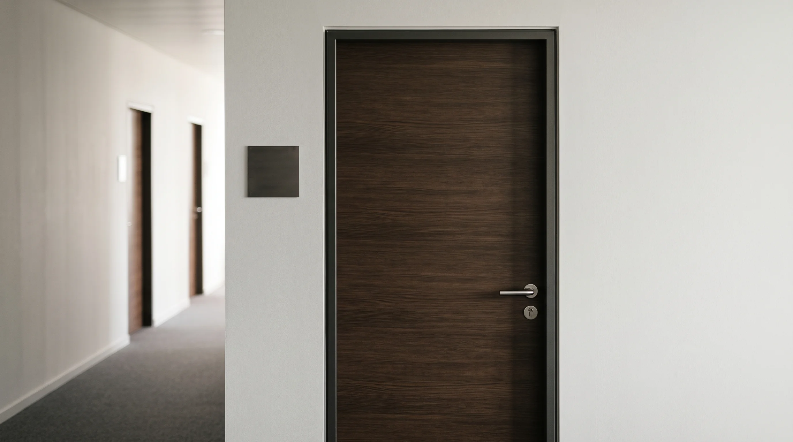 Digital illustration for article section "What Comes Next (If Anything)" in "Endeavor Optical Networks Raises $10.75M to Route AI Traffic via Satellite" - Generate a realistic image of a closed office door with a sleek, modern design, symbolizing the yet-...