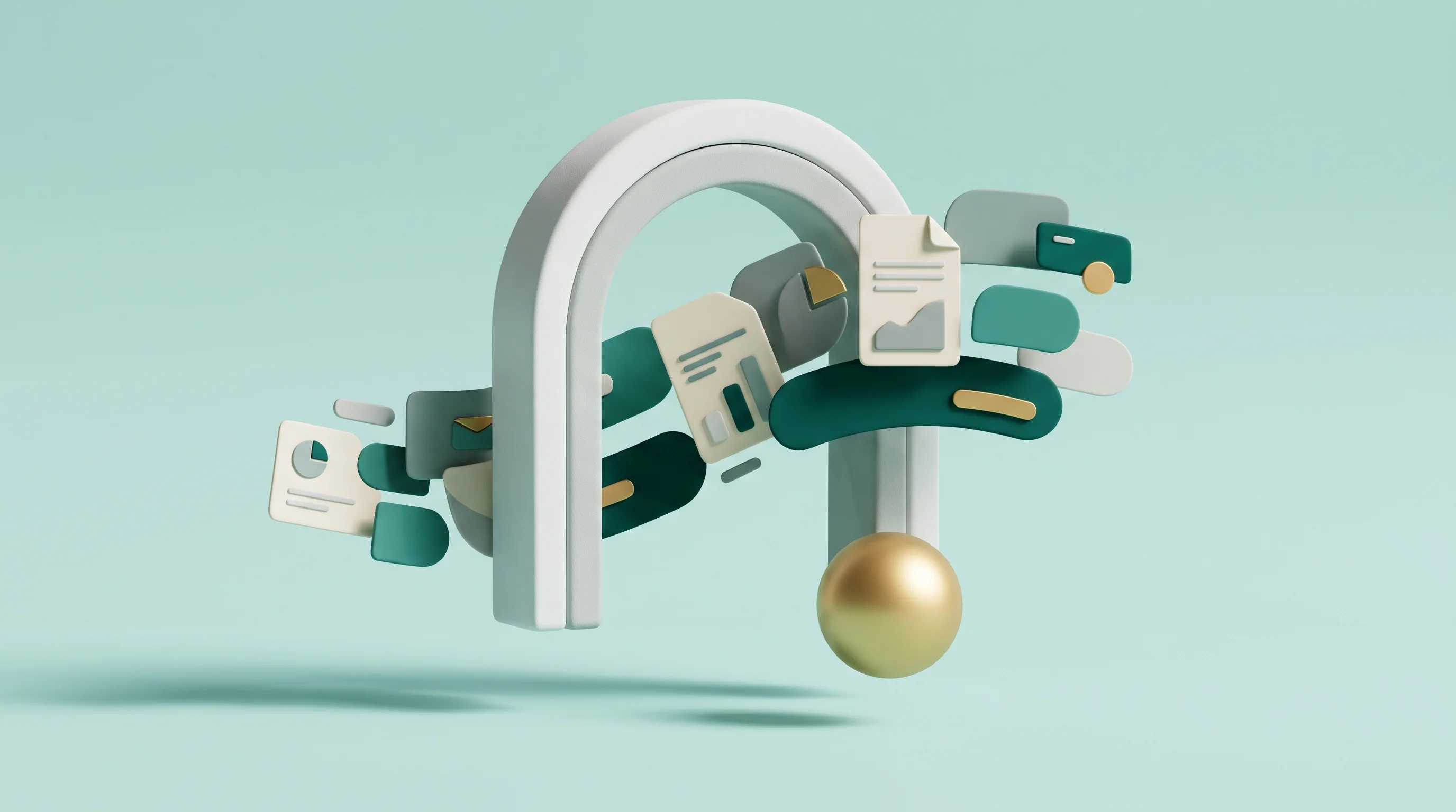 Digital illustration for article section "What They're Building" in "Decade Raises $85M in Record LatAm Seed for AI Wealth Platform" - A conceptual, surrealist composition featuring a beautifully crafted, floating abstract archway wher...