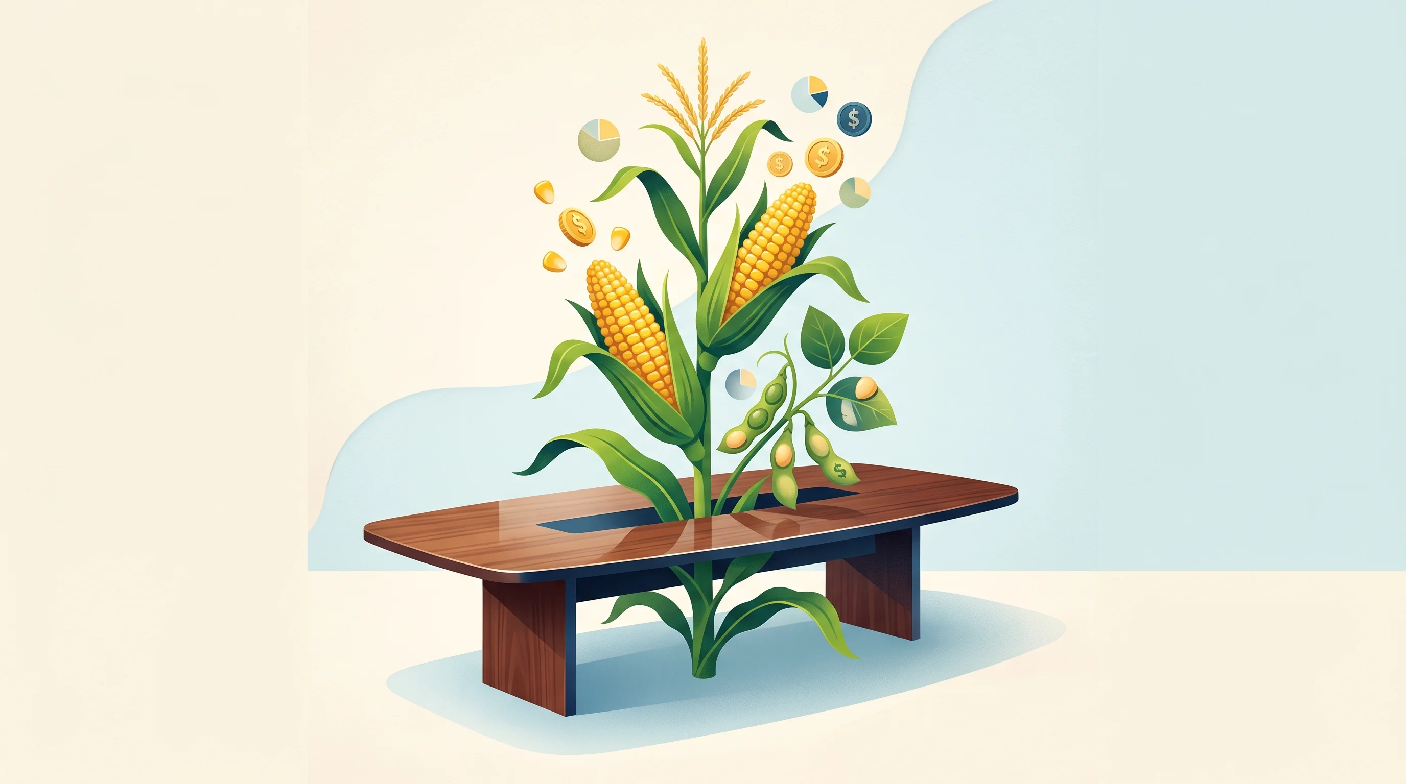 Digital illustration for article section "Growers at the Cap Table" in "Quercus Bio Raises $5M to Replace Pesticides with AI-Designed Proteins" - A striking, minimalist conceptual image representing the convergence of agricultural producers and c...