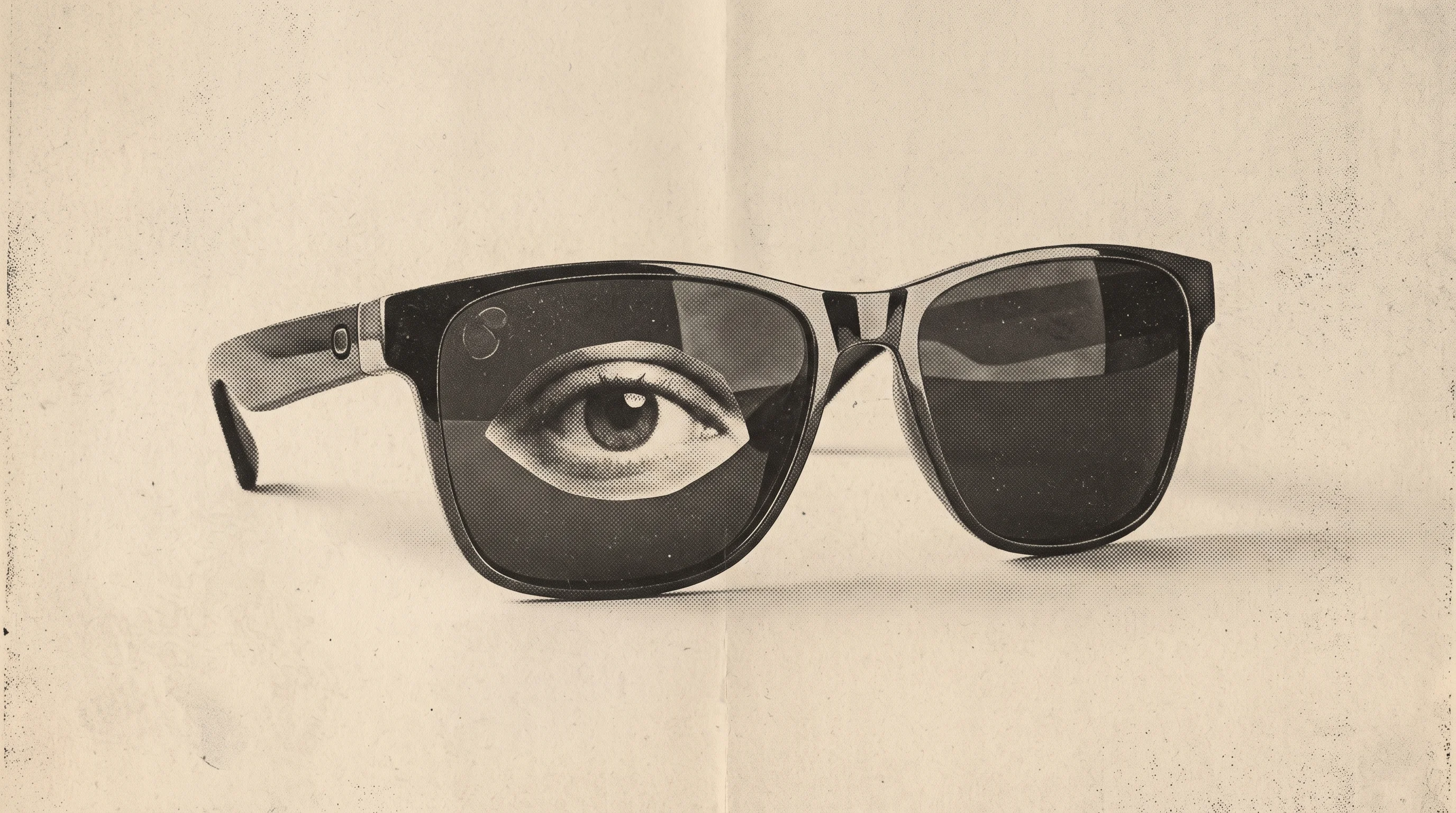 Digital illustration for article section "The Privacy Problem Nobody's Solved" in "The Data Gold Rush: How Companies Are Becoming AI Training Vendors" - A conceptual and minimal composition focusing on a single pair of modern, sleek smart glasses restin...