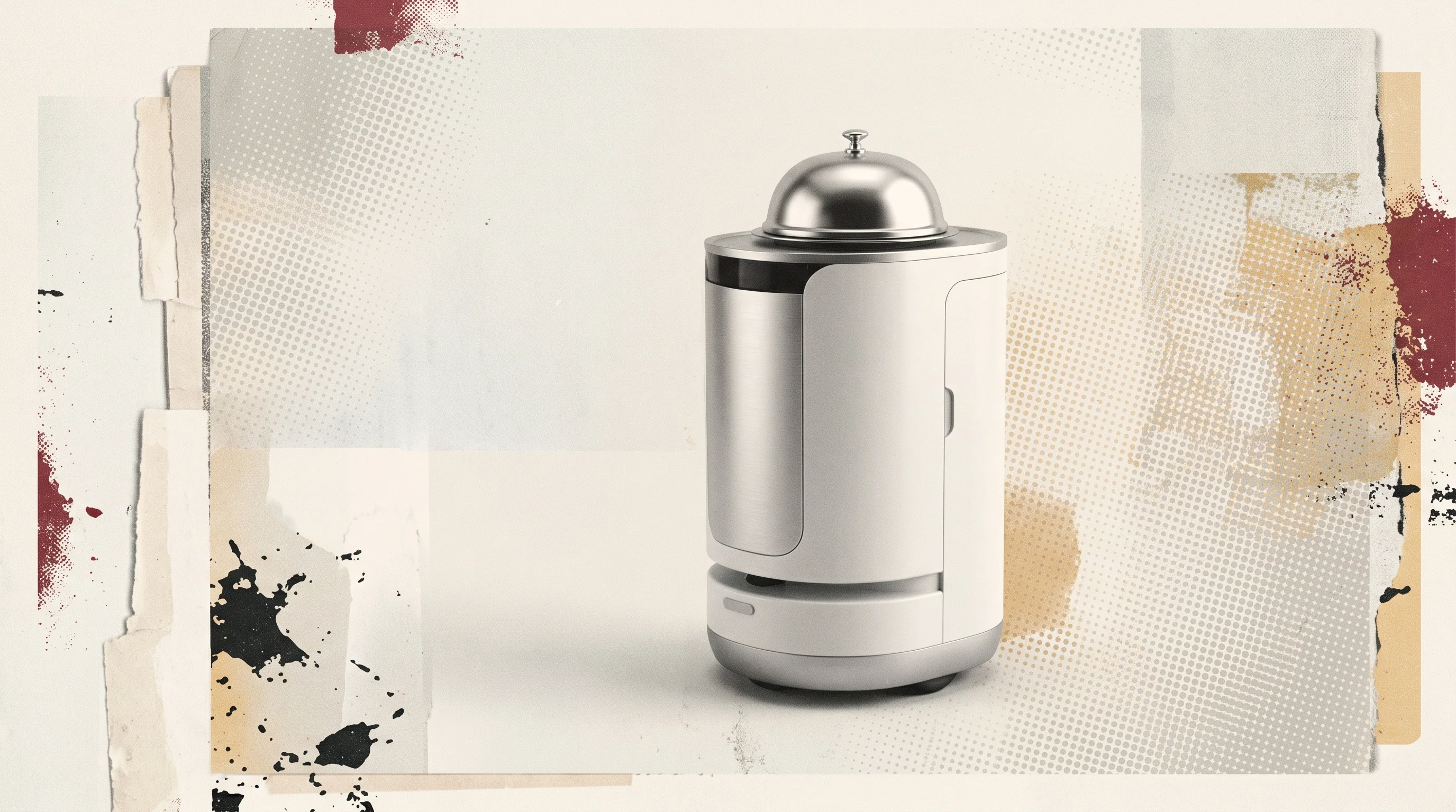 Digital illustration for article section "A Crowded Field, Different Form Factor" in "YC-Backed OS3 Deploys Semi-Humanoid Robots in Hotel Operations" - A sleek, minimalist hotel service robot with a smooth, modern cylindrical form factor carrying a cla...
