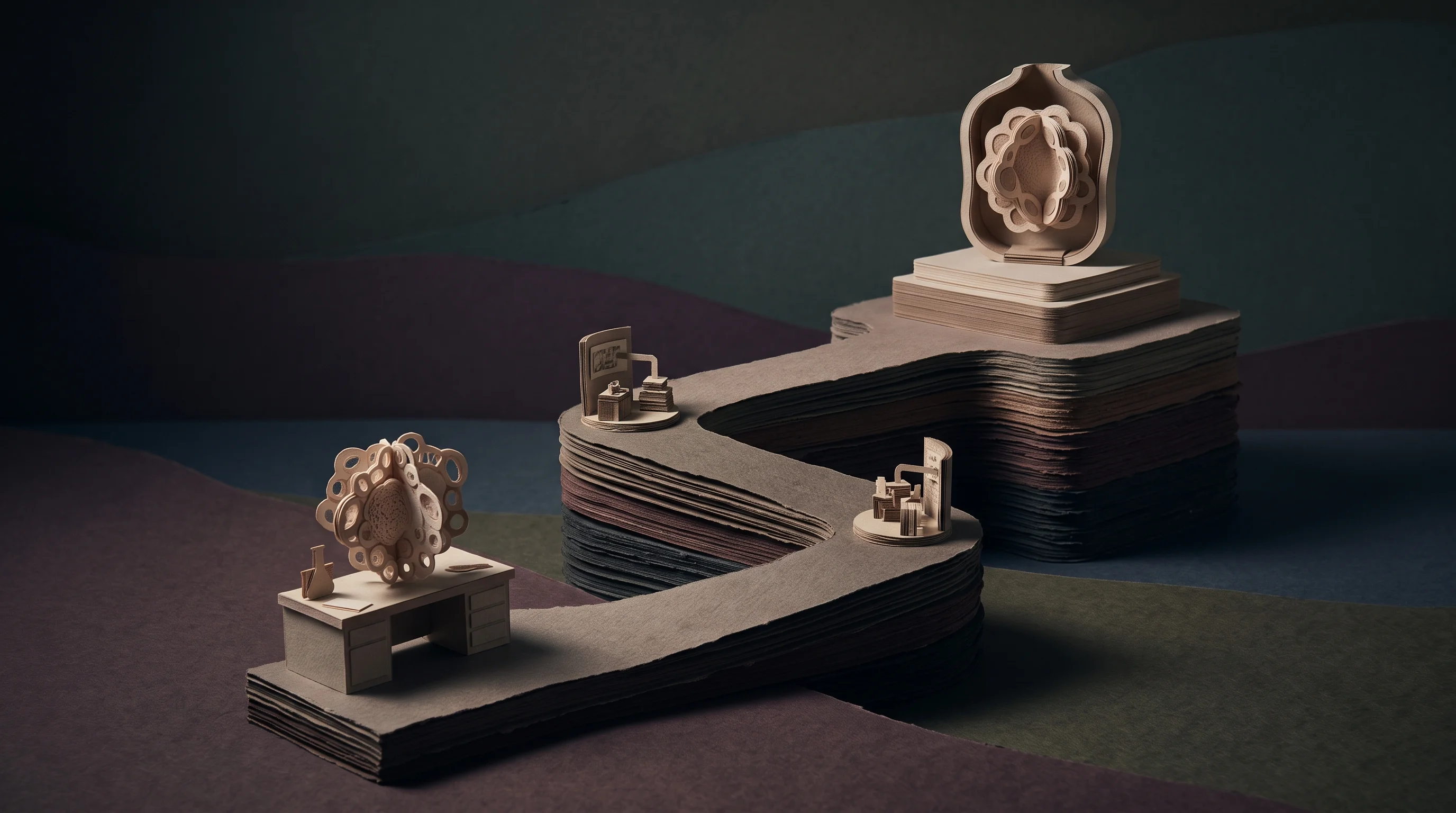 Digital illustration for article section "From Lab Bench to Commercial Ambition" in "Brain Cells as Processors: Inside Parasma's Biocomputing Breakthrough" - A meticulously crafted 3D papercraft diorama representing the rapid evolution of organoid intelligen...