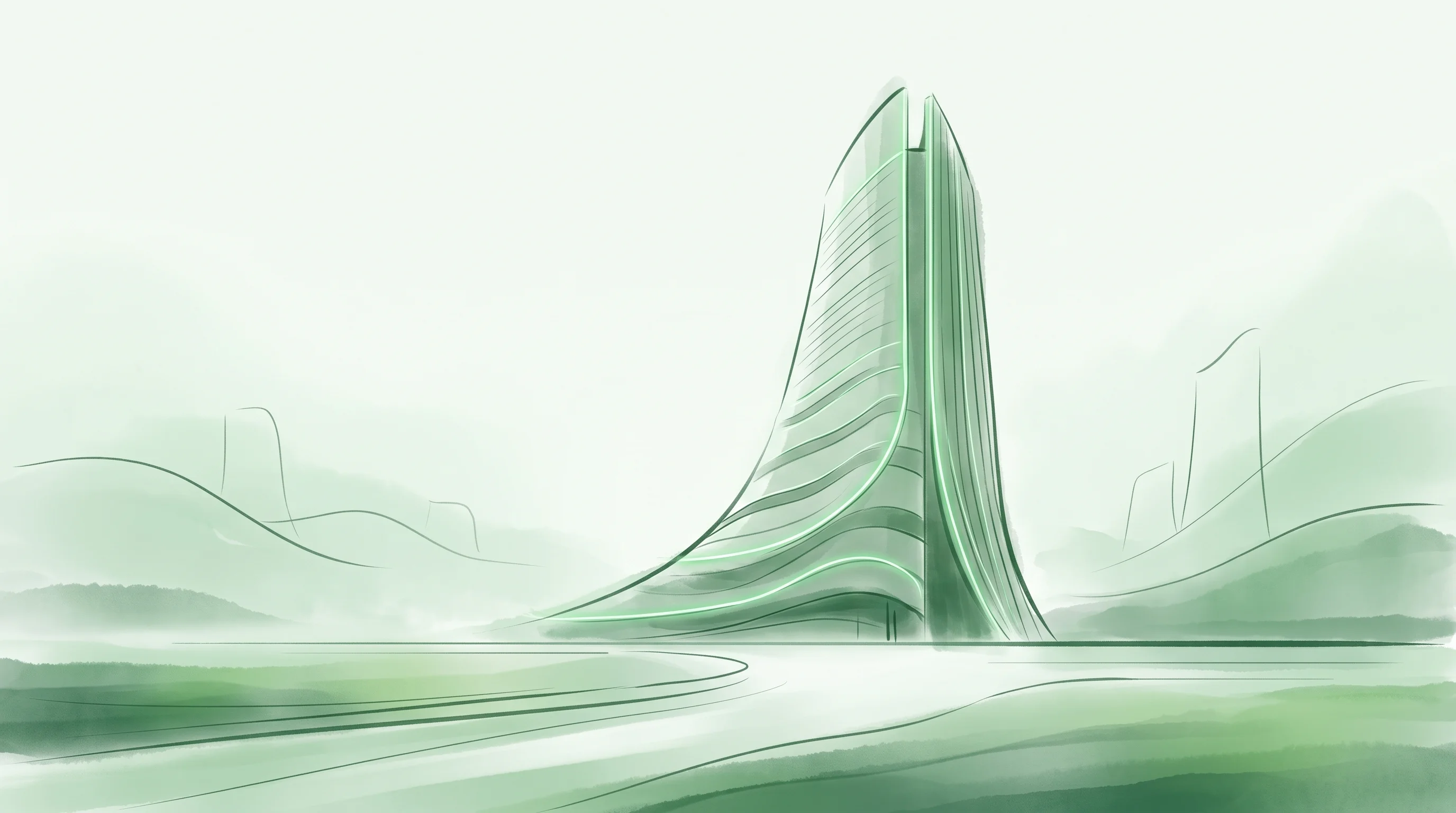 Digital illustration for article section "The GIFT City Question" in "Bessemer Backs InRisk Labs' AI-Powered Reinsurance Platform" - A sleek, minimalist architectural representation of a modern financial free zone, symbolizing the fu...