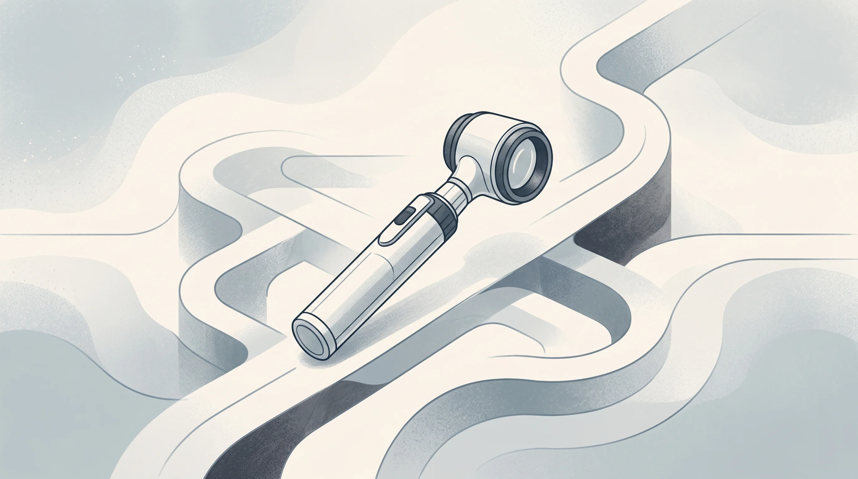 Digital illustration for article section "Navigating a Crowded, Regulated Landscape" in "Ex-Deezer CEO Raises $4M+ to Detect Skin Cancer with AI Scanner" - A minimalist neo-vintage illustration depicting a sleek, modern handheld medical scanning device, re...