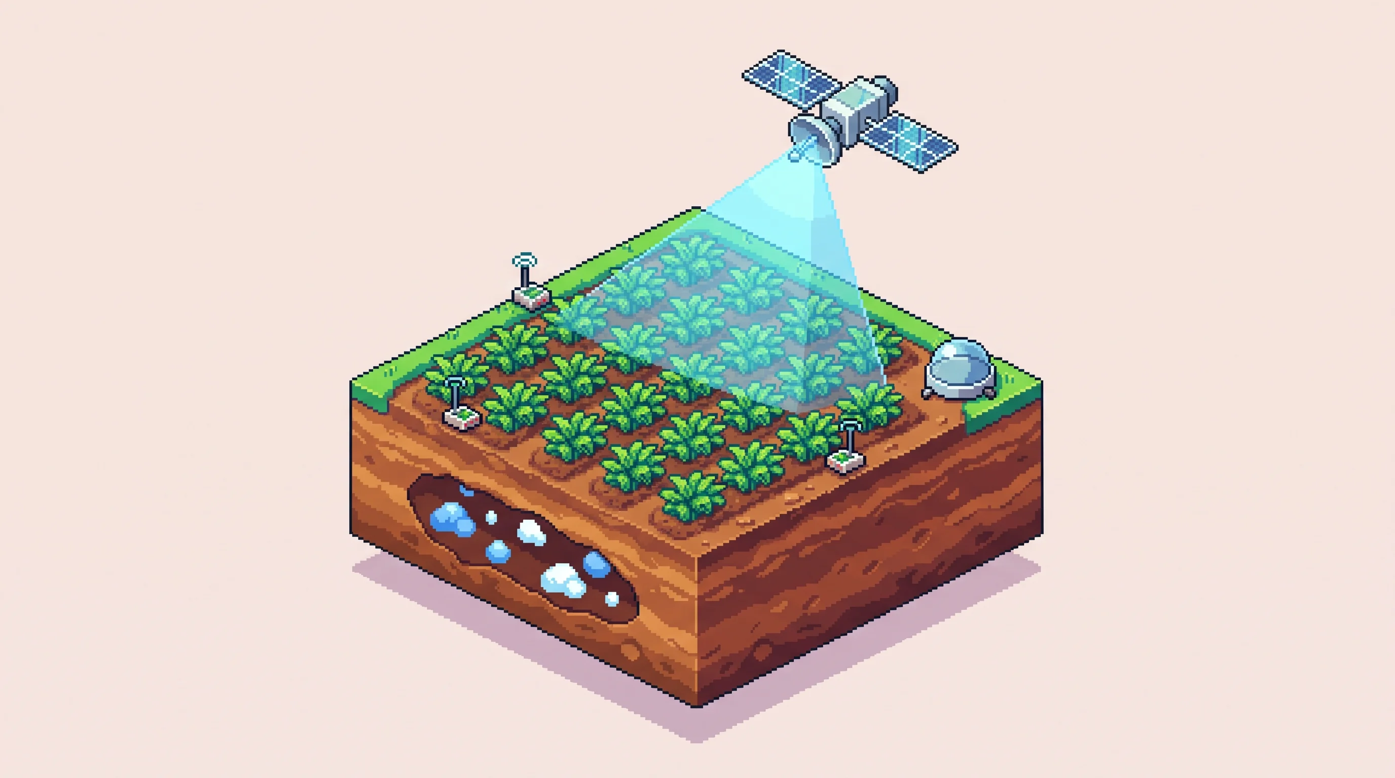 Digital illustration for article section "Building a "soil-to-sky" verification stack" in "Mitti Labs Raises $9.5M Series A to Cut Rice Methane Emissions with AI" - A clean, minimalist top-down isometric diorama of an agricultural field illustrating a soil-to-sky v...