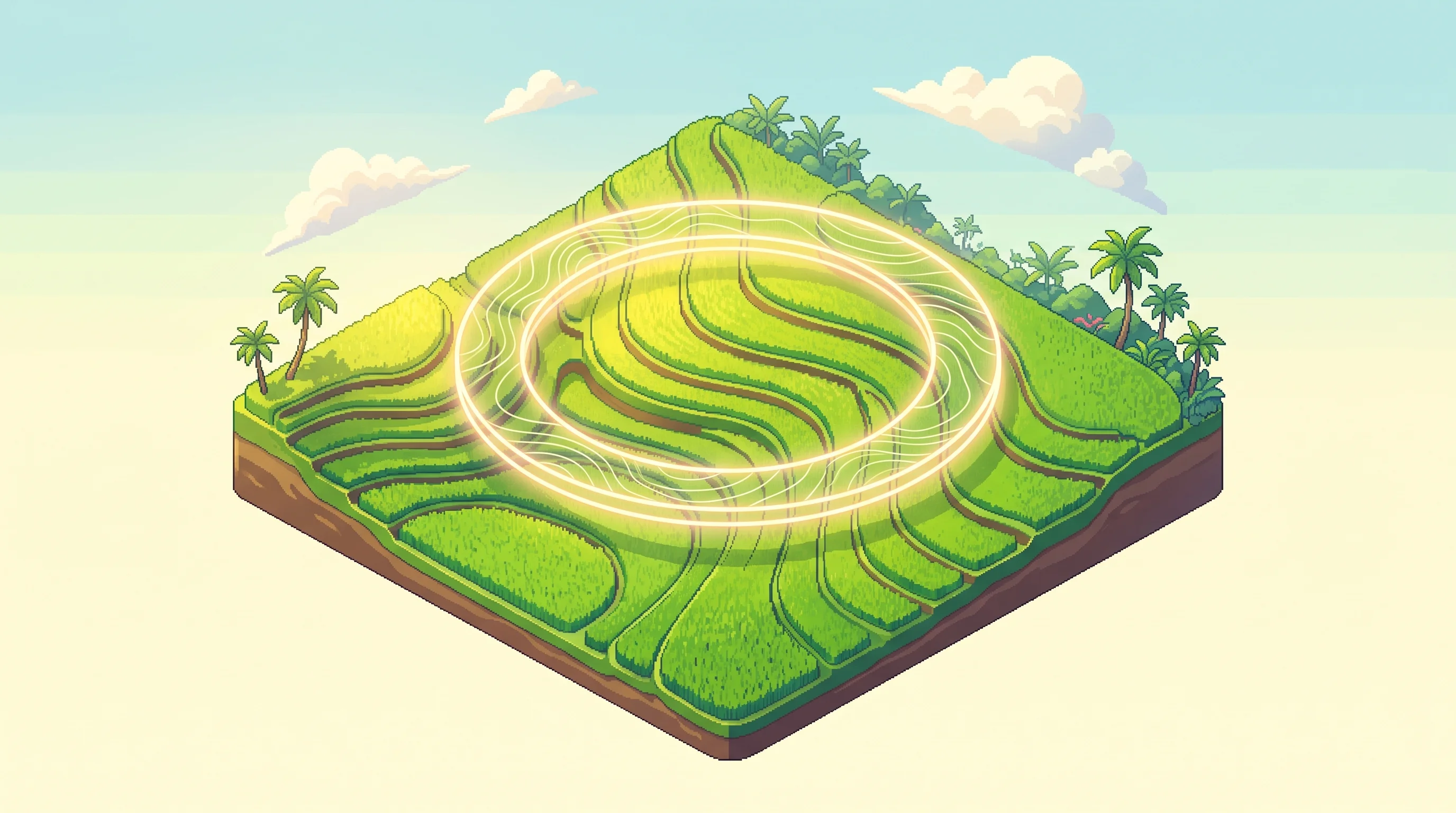 Digital illustration for article section "Southeast Asia, next" in "Mitti Labs Raises $9.5M Series A to Cut Rice Methane Emissions with AI" - A clean, minimal isometric view of a lush Southeast Asian agricultural terrace, symbolizing agricult...