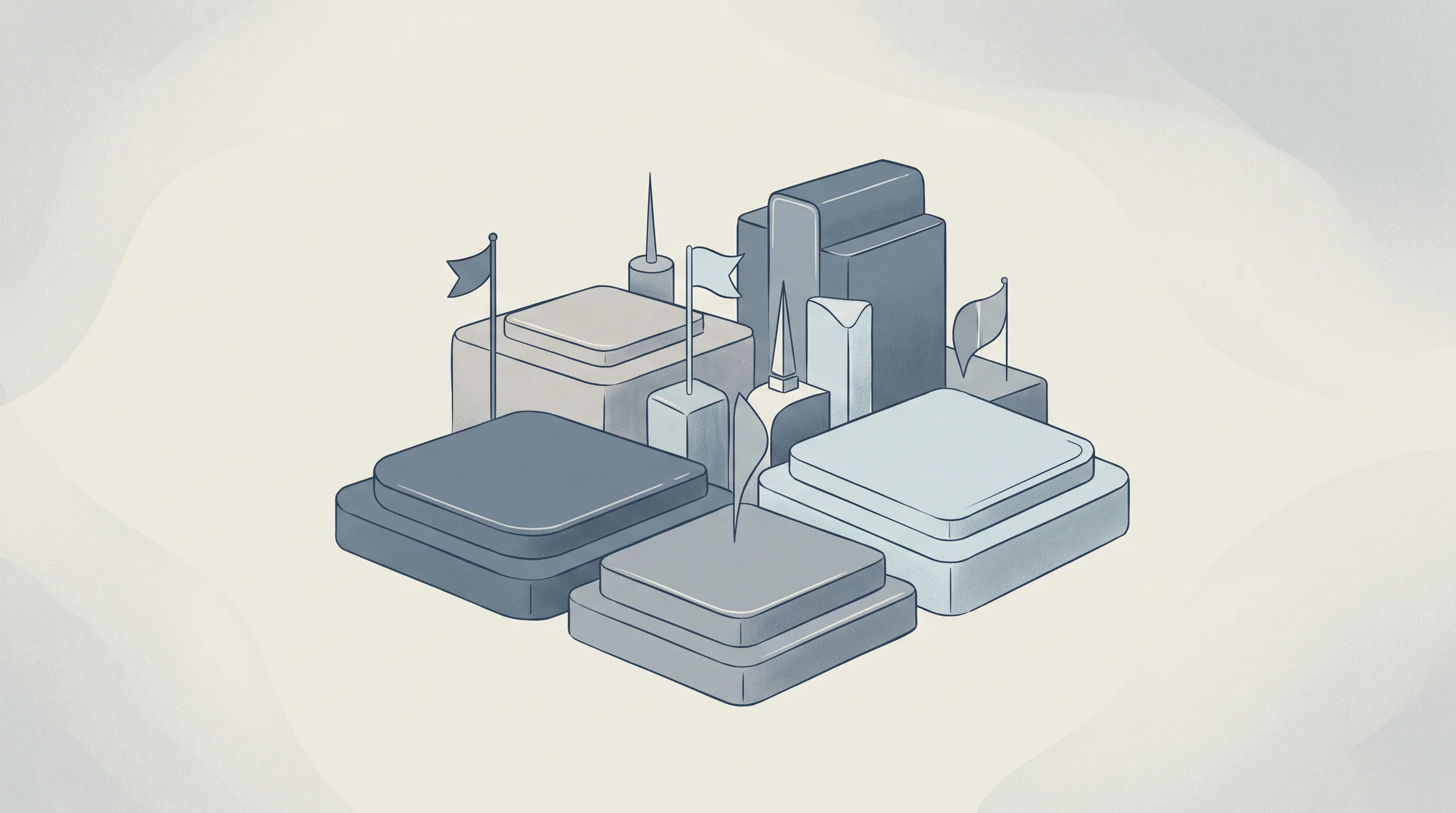 Digital illustration for article section "A Space Getting Crowded Fast" in "Railcode Emerges in Stealth with Claude Code Platform for Internal Apps" - A conceptual neo-vintage illustration of a pristine, abstract landscape where several smooth, minima...