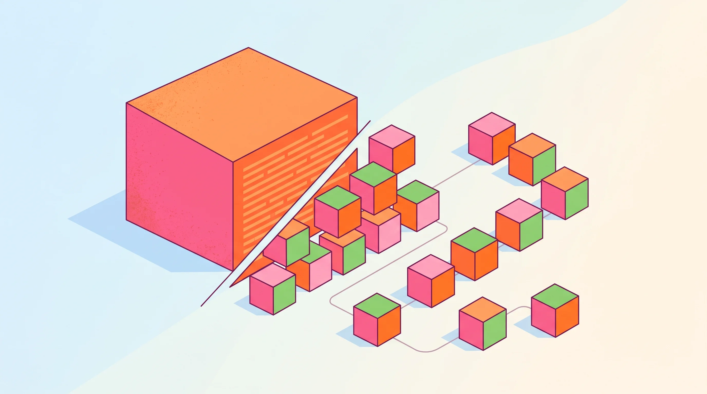 Digital illustration for article section "Reviewable Units and the Ghost in the Machine" in "Assert Launches Code Review Platform with Live UI Previews" - A clean, minimalist flat vector style illustration representing the concept of breaking down massive...
