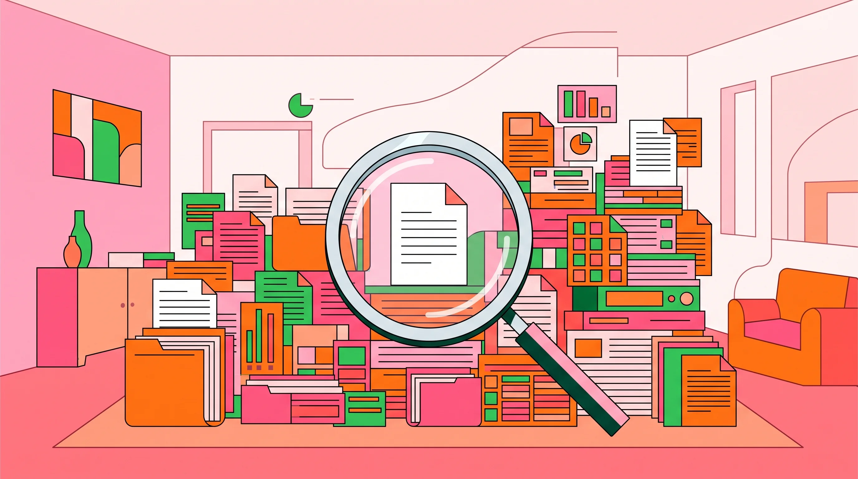 Digital illustration for article section "A Suddenly Crowded Room" in "Assert Launches Code Review Platform with Live UI Previews" - A vibrant geometric illustration depicting a stylized, modern room that is suddenly overflowing with...