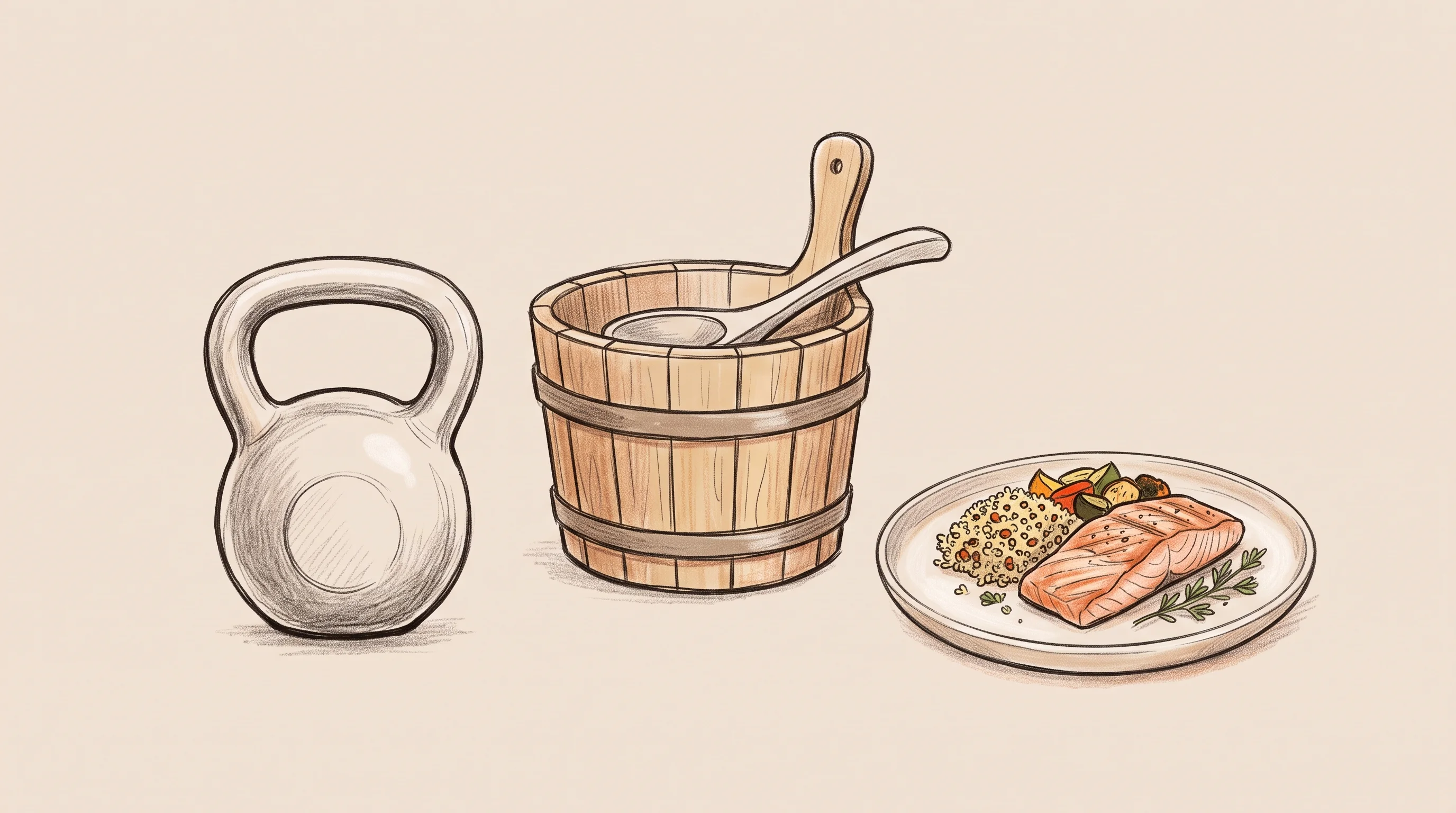 Digital illustration for article section "The Daily Grind" in "Lightyear's 30-Day Accelerator Challenges YC's 3-Month Model" - A clean, minimalist conceptual still-life representing a highly regimented wellness and training sch...