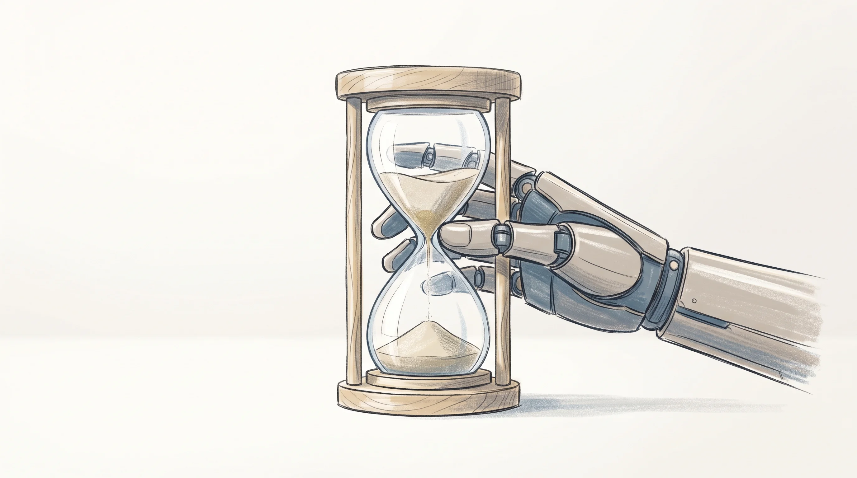 Digital illustration for article section "Sector-Specific or Scalable?" in "Lightyear's 30-Day Accelerator Challenges YC's 3-Month Model" - A clean, minimalist composition featuring a single, sleek robotic hand gently turning a stylized hou...