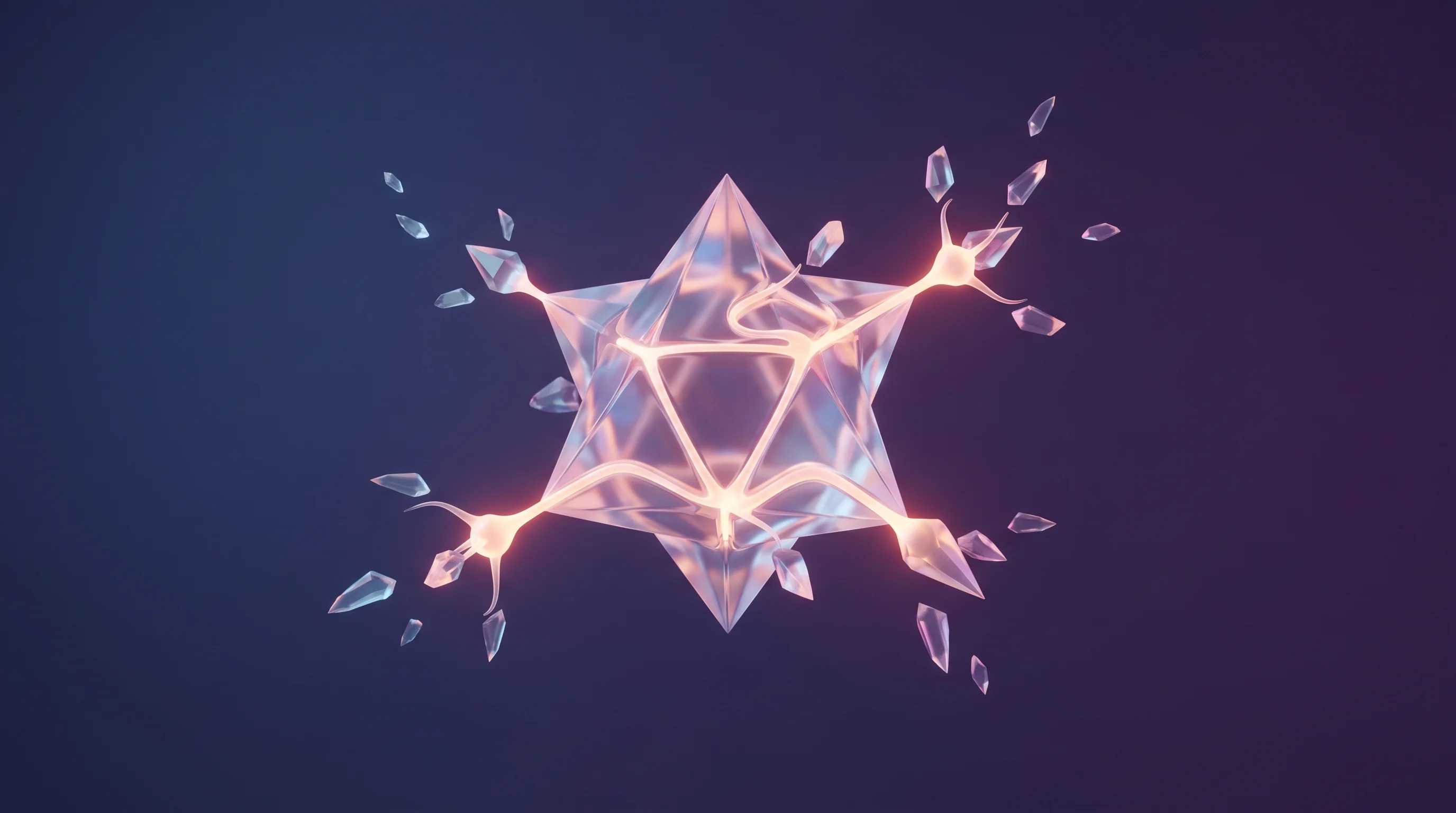Digital illustration for article section "The Graph Diaspora" in "Cambrian Launches Financial AI Agent API with 80+ Data Endpoints" - A minimalist and professional 3D conceptual artwork representing the concept of a decentralized netw...