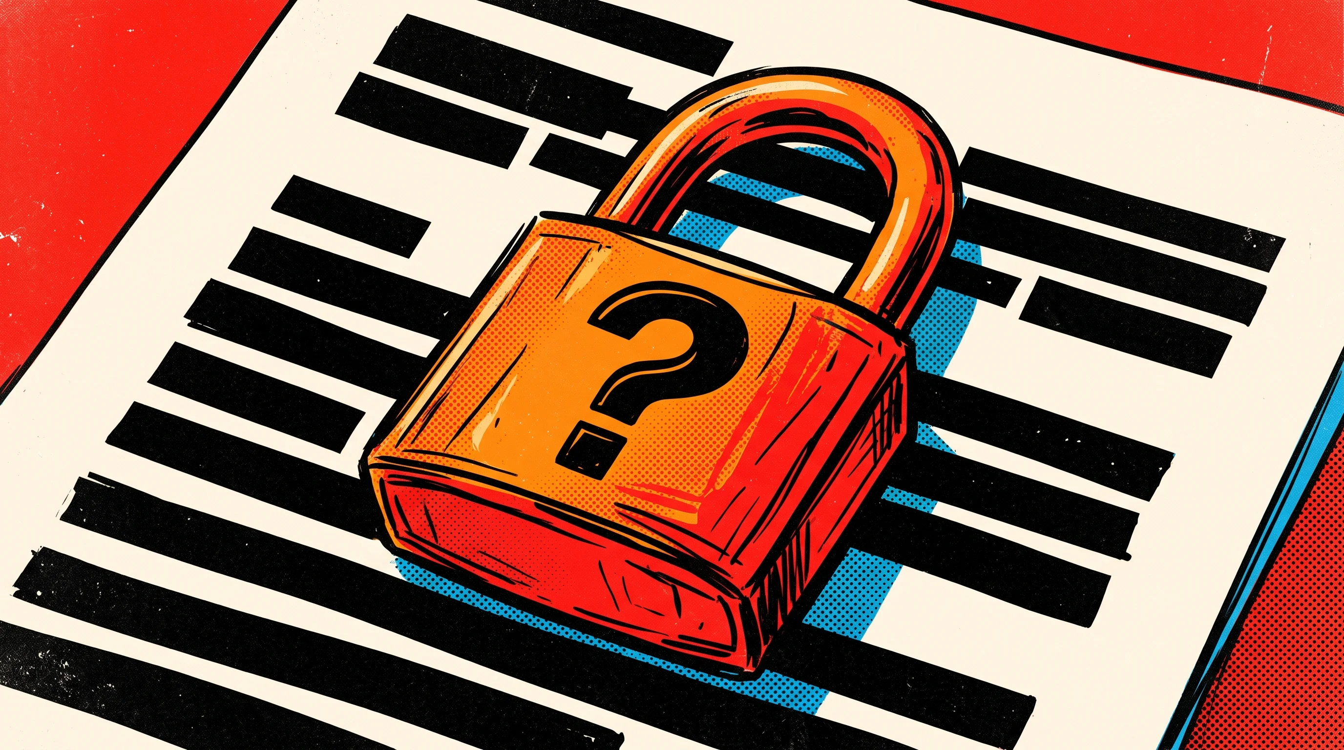 Digital illustration for article section "The Cryptography Question" in "London Quantum Group Launches Encrypted Computation for NHS Patient Data" - A conceptual, minimal illustration of a large, heavy padlock with a bold question mark engraved on i...