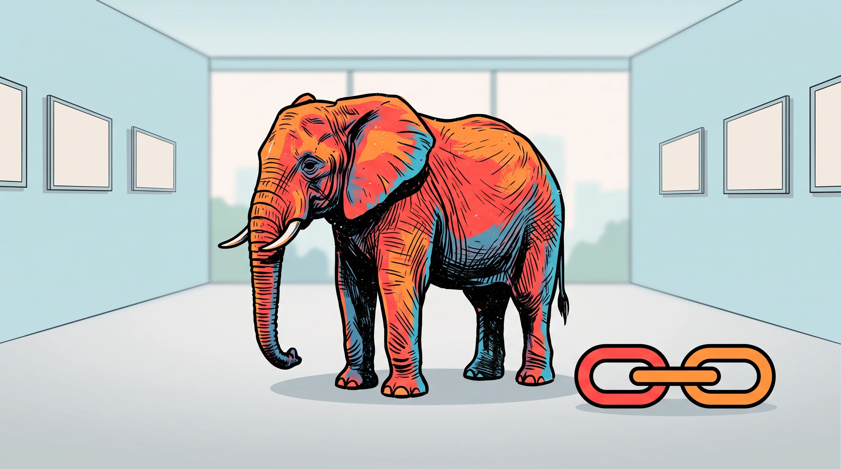 Digital illustration for article section "The Elephant in the Integration Room" in "London Quantum Group Launches Encrypted Computation for NHS Patient Data" - A clean, minimal, and conceptual illustration of a large, stylized elephant standing quietly in the ...