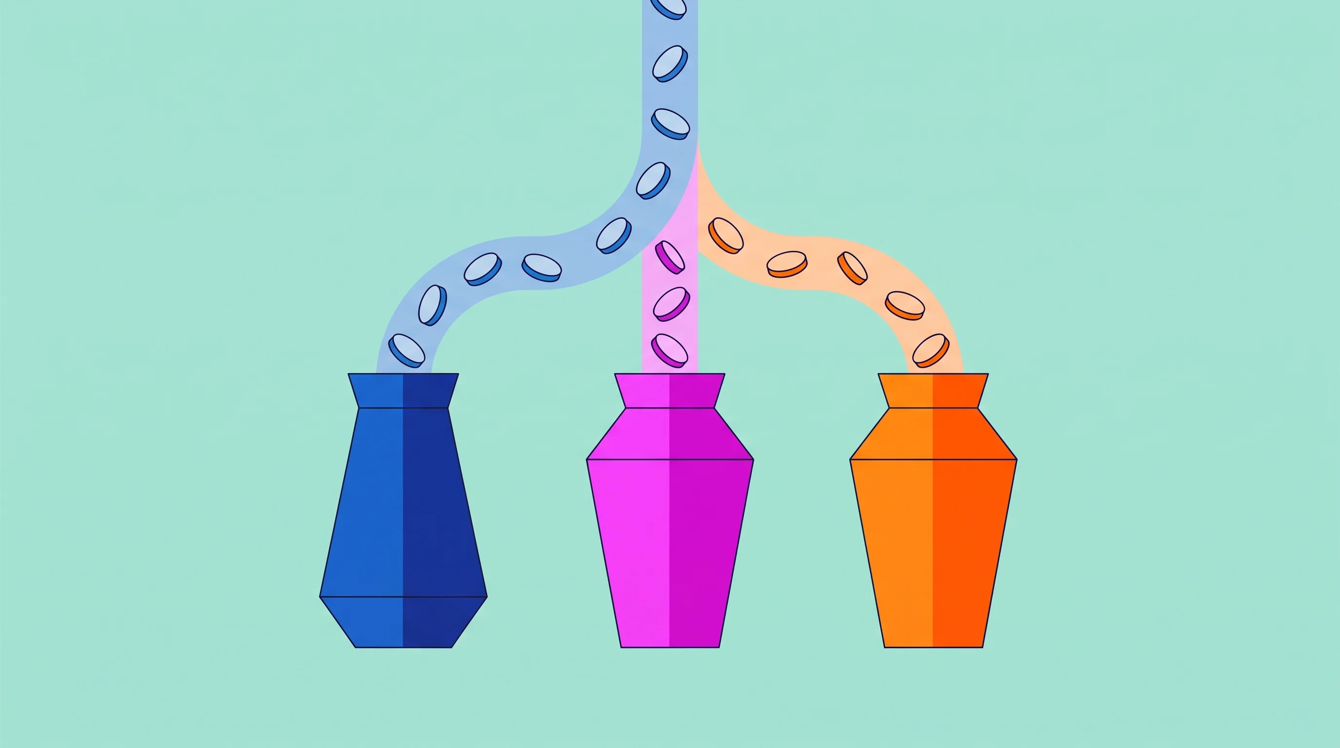 Digital illustration for article section "Three Flavors of Yield" in "Reflect's Yield Stablecoin API Gains Traction After $3.75M Seed" - A conceptual, minimalist illustration representing the automated routing of financial deposits into ...