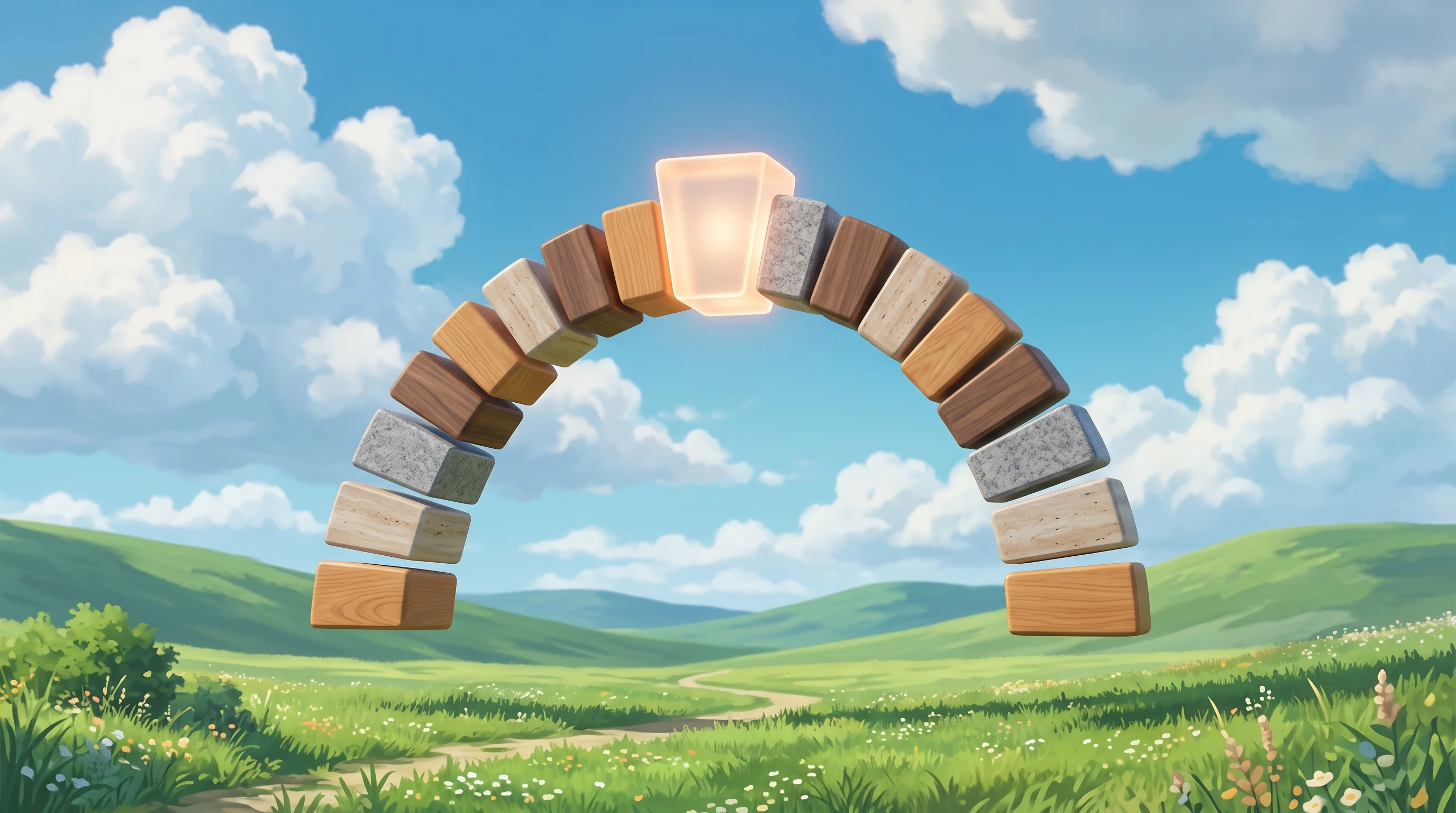 Digital illustration for article section "What Exactly Is Naïve Building?" in "Naïve Raises $28.5M Series A for AI Agent Infrastructure Platform" - A single, glowing, semi-transparent architectural keystone seamlessly connecting a perfectly organiz...