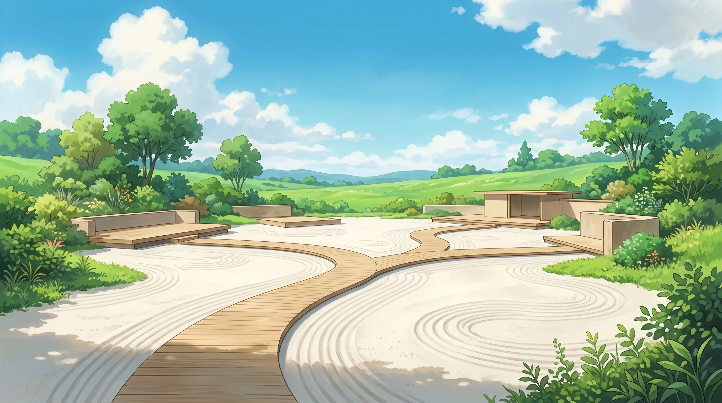 Digital illustration for article section "The Build-Out Ahead" in "Naïve Raises $28.5M Series A for AI Agent Infrastructure Platform" - A serene, minimalist zen sand garden representing a safe virtualized sandbox and infrastructure buil...