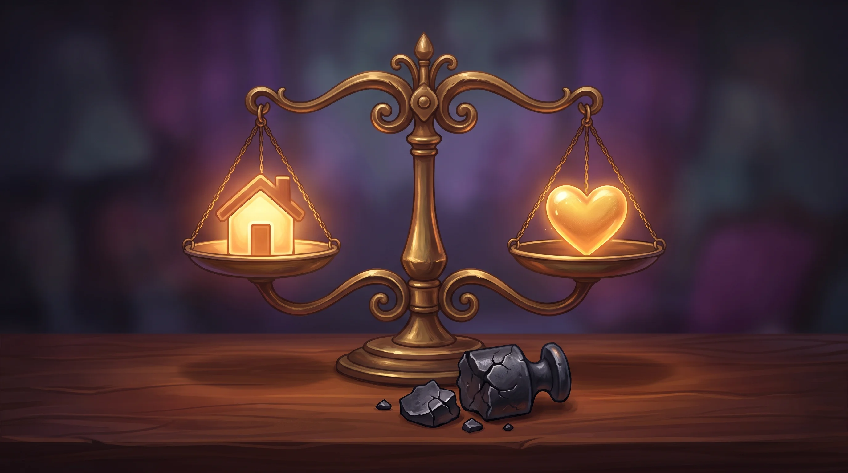 Digital illustration for article section "Content Section 3" in "YC-Backed Cova Launches AI-Native Home Care Agency in Michigan" - A beautifully stylized, ornate brass balancing scale sits on a polished wooden desk, perfectly balan...