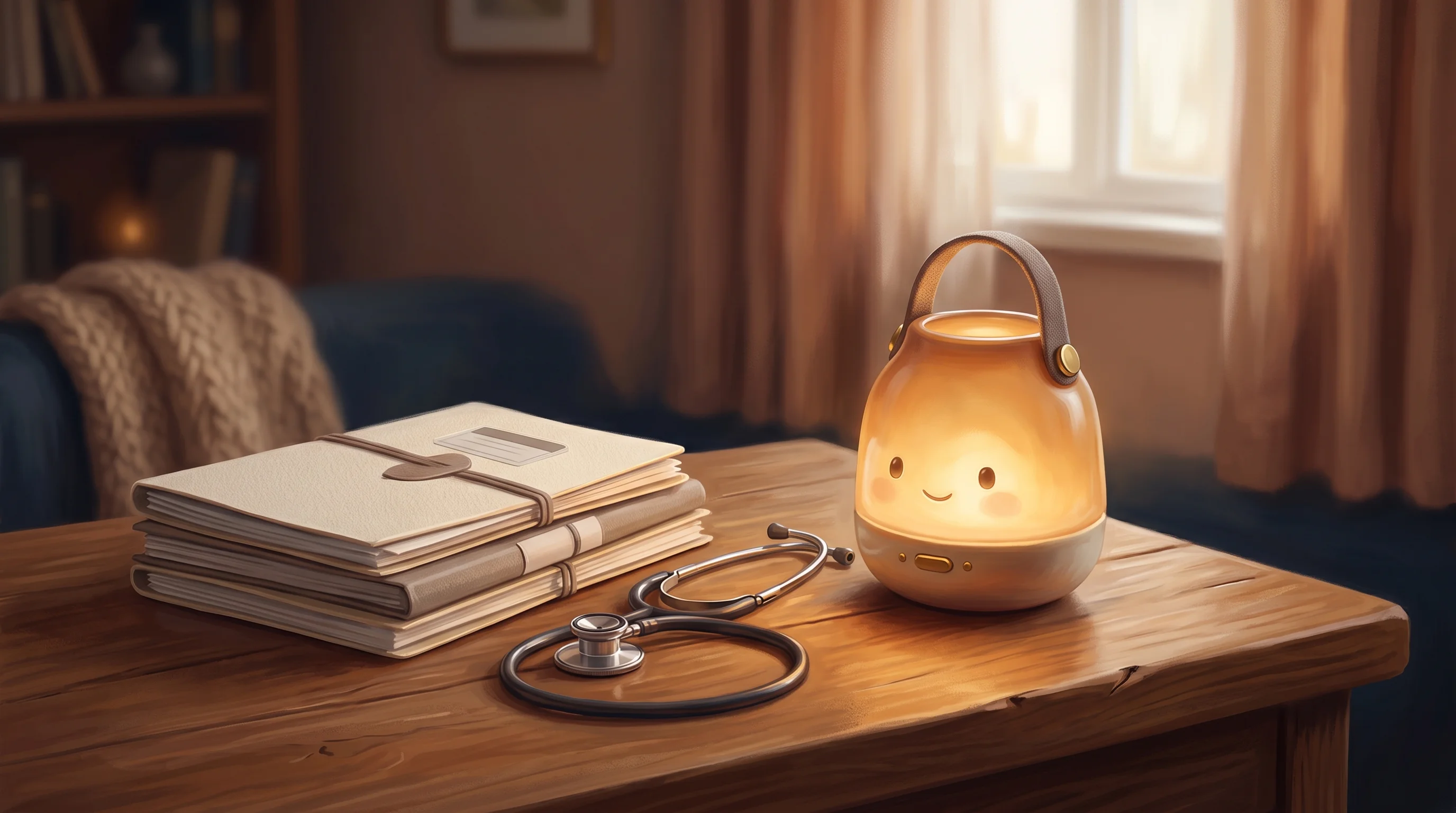 Digital illustration for article section "Content Section 6" in "YC-Backed Cova Launches AI-Native Home Care Agency in Michigan" - A softly glowing, whimsical lantern-like AI device resting on a clean, polished wooden desk, illumin...