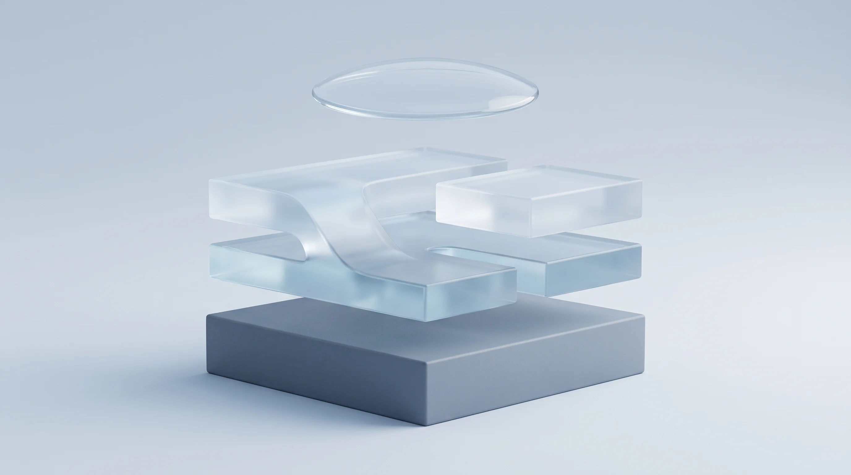 Digital illustration for article section "The Decoupling Thesis" in "YC's hiloop Launches Infrastructure for Self-Improving AI Agents" - A conceptual and minimalist architectural composition representing the decoupling of foundational in...