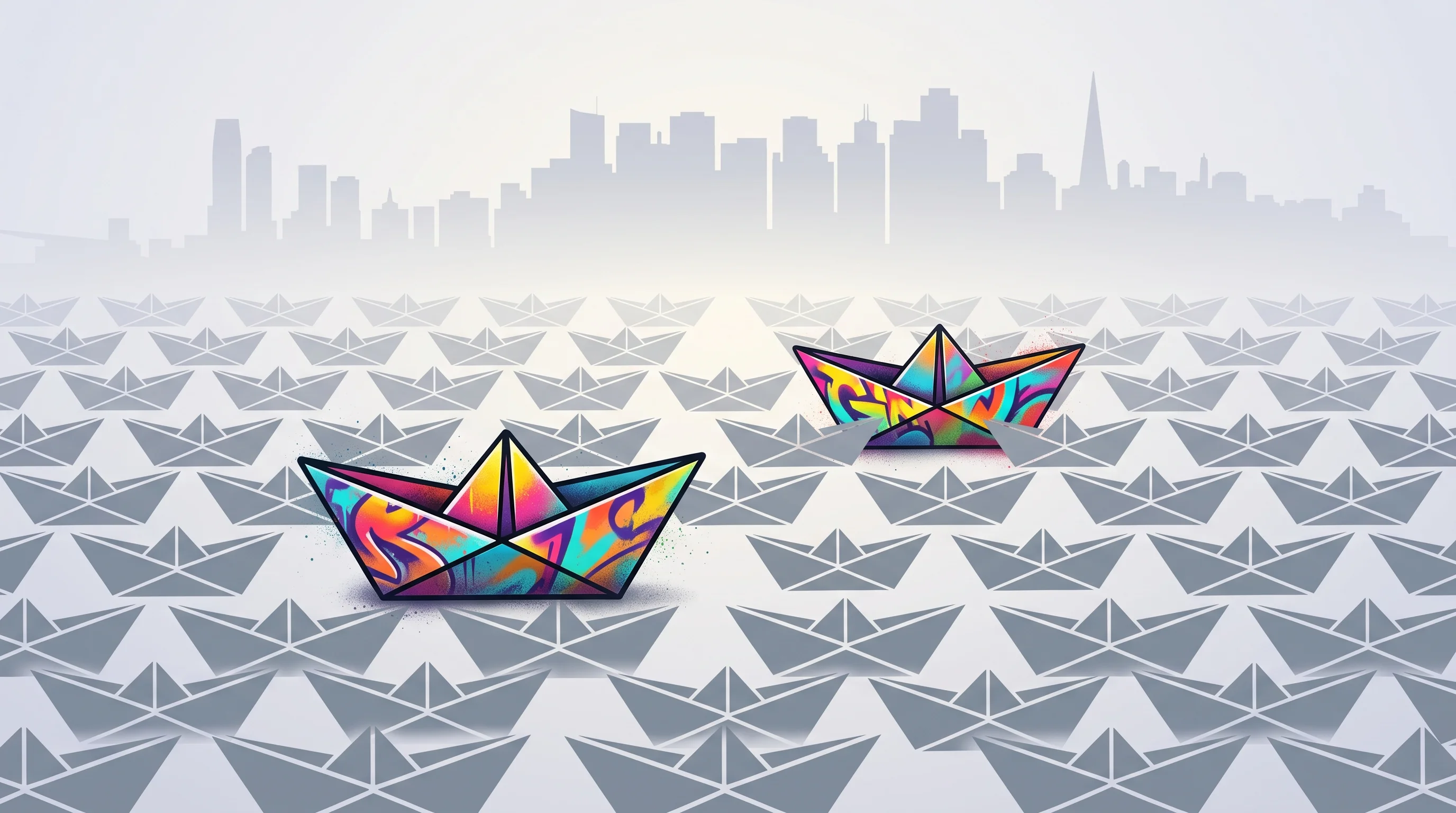 Digital illustration for article section "A Tiny Team in a Crowded Field" in "YC's Induction Labs Unveils 'Imagination Models' That Learn by Watching" - A minimalist and modern conceptual illustration showing two vibrant, spray-painted origami paper boa...