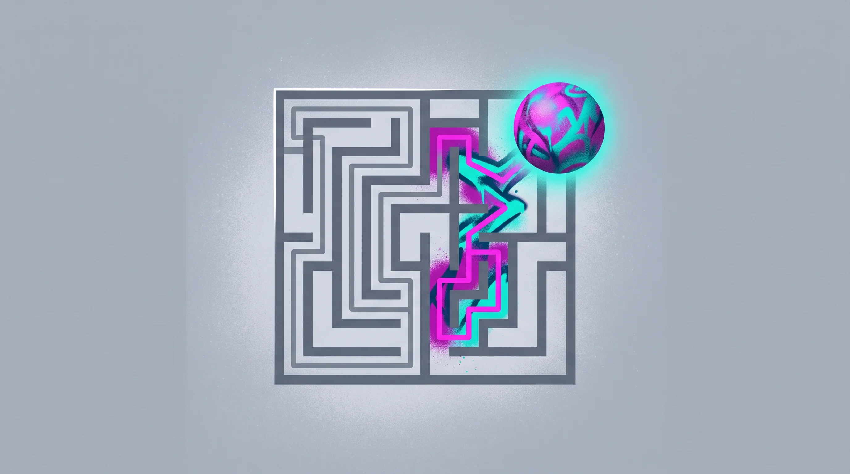 Digital illustration for article section "The Curiosity Gambit" in "YC's Induction Labs Unveils 'Imagination Models' That Learn by Watching" - A clean, minimal composition featuring a single, bold conceptual focal point: an abstract, stylized ...
