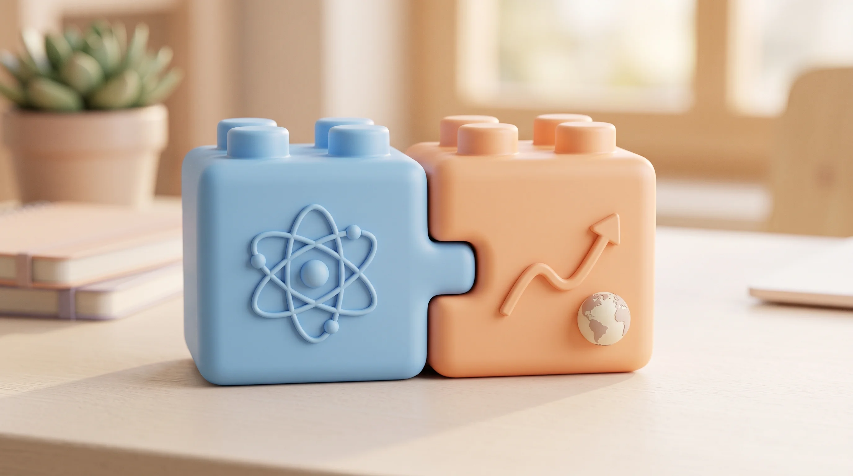 Digital illustration for article section "Who's Building This" in "YC's TrustAI Launches Compliance Platform for Enterprise AI Agents" - A conceptual 3D illustration of two soft-edged, interlocking building blocks resting on a clean, min...