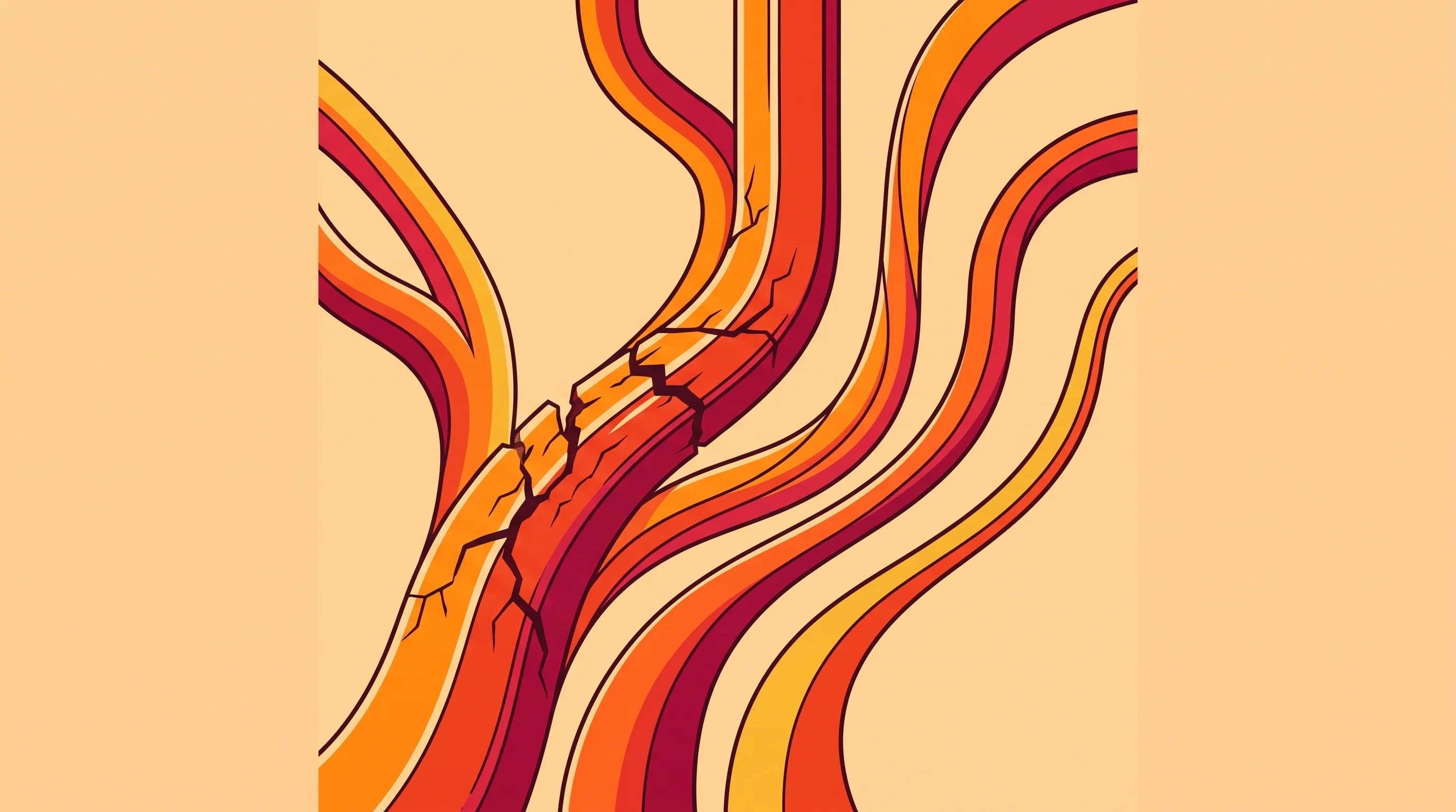 Digital illustration for article section "GitHub's Pull-Request Model Under Strain" in "Zed's DeltaDB Rethinks Version Control for the AI Agent Era" - A conceptual, mid-century vintage poster style illustration depicting a thick, stylized branching pa...