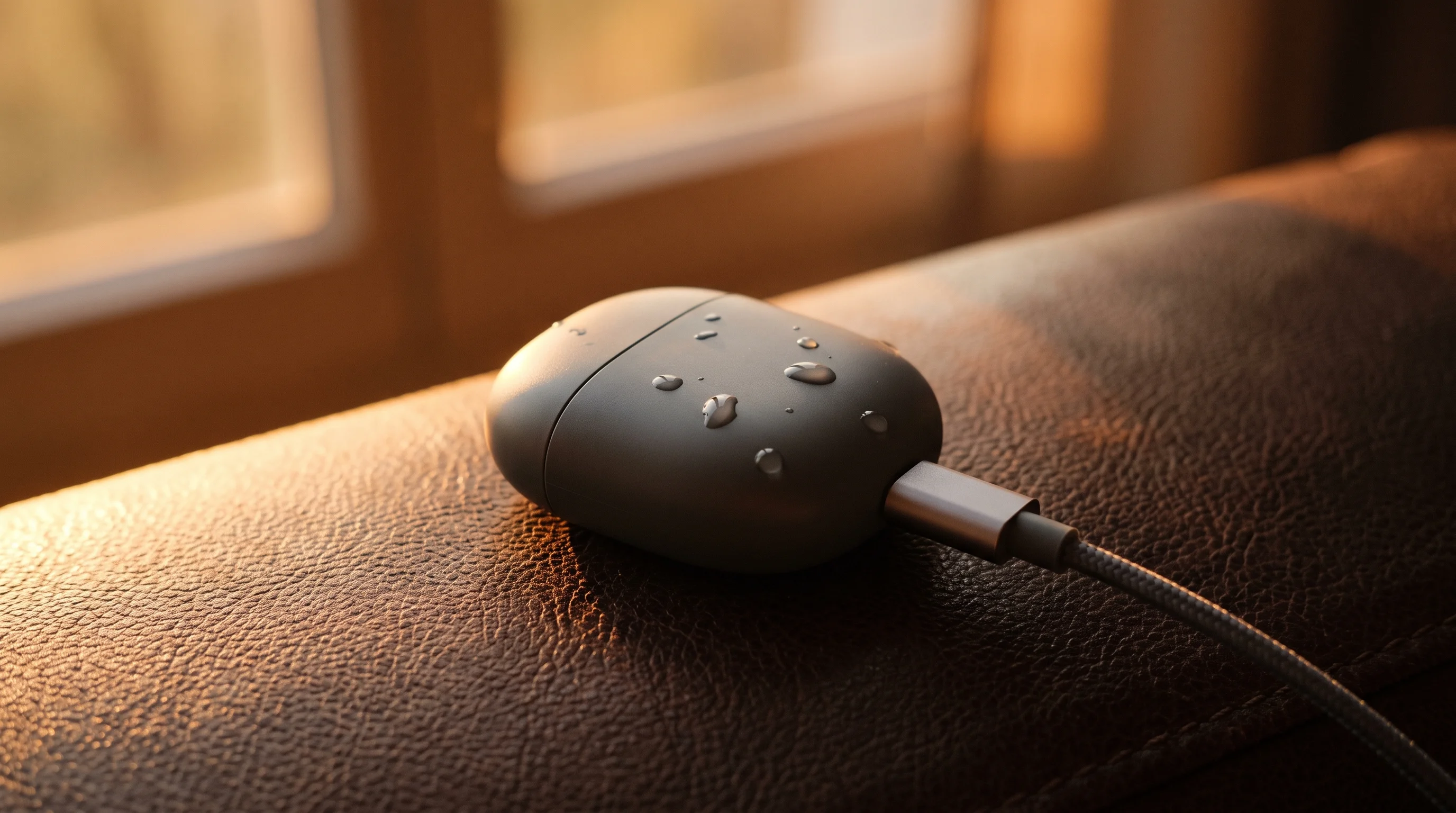 Digital illustration for article section "Expanding Beyond Consumer Sales" in "Ashirase's Foot-Vibration Nav for Blind Users Hits 750+ Sales" - A sleek, modern wearable consumer tech device resting on a clean, textured leather surface, plugged ...