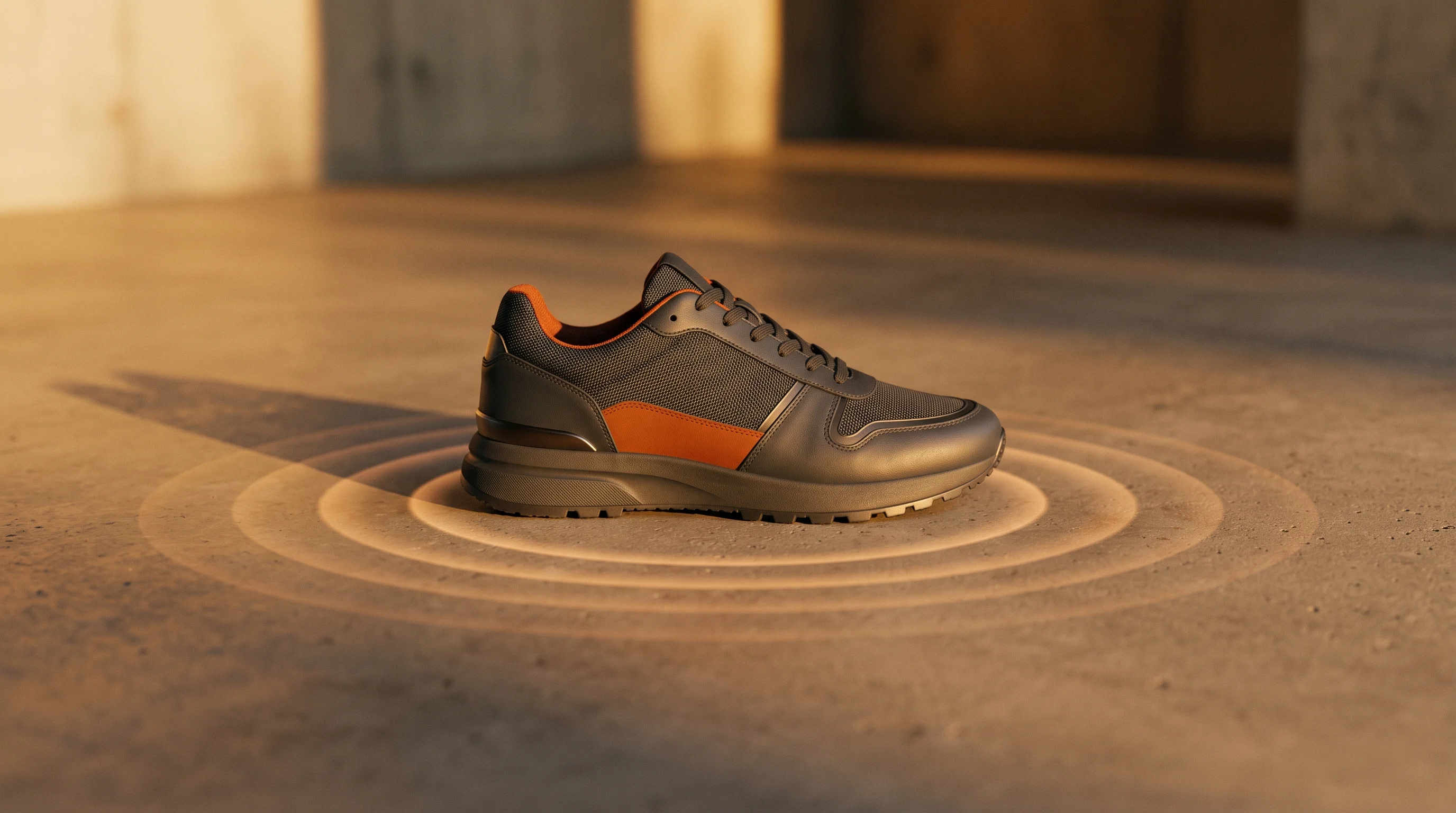 Digital illustration for article section "One Vibration at a Time" in "Ashirase's Foot-Vibration Nav for Blind Users Hits 750+ Sales" - A sleek, modern piece of footwear featuring subtle, built-in haptic navigation technology rests on a...