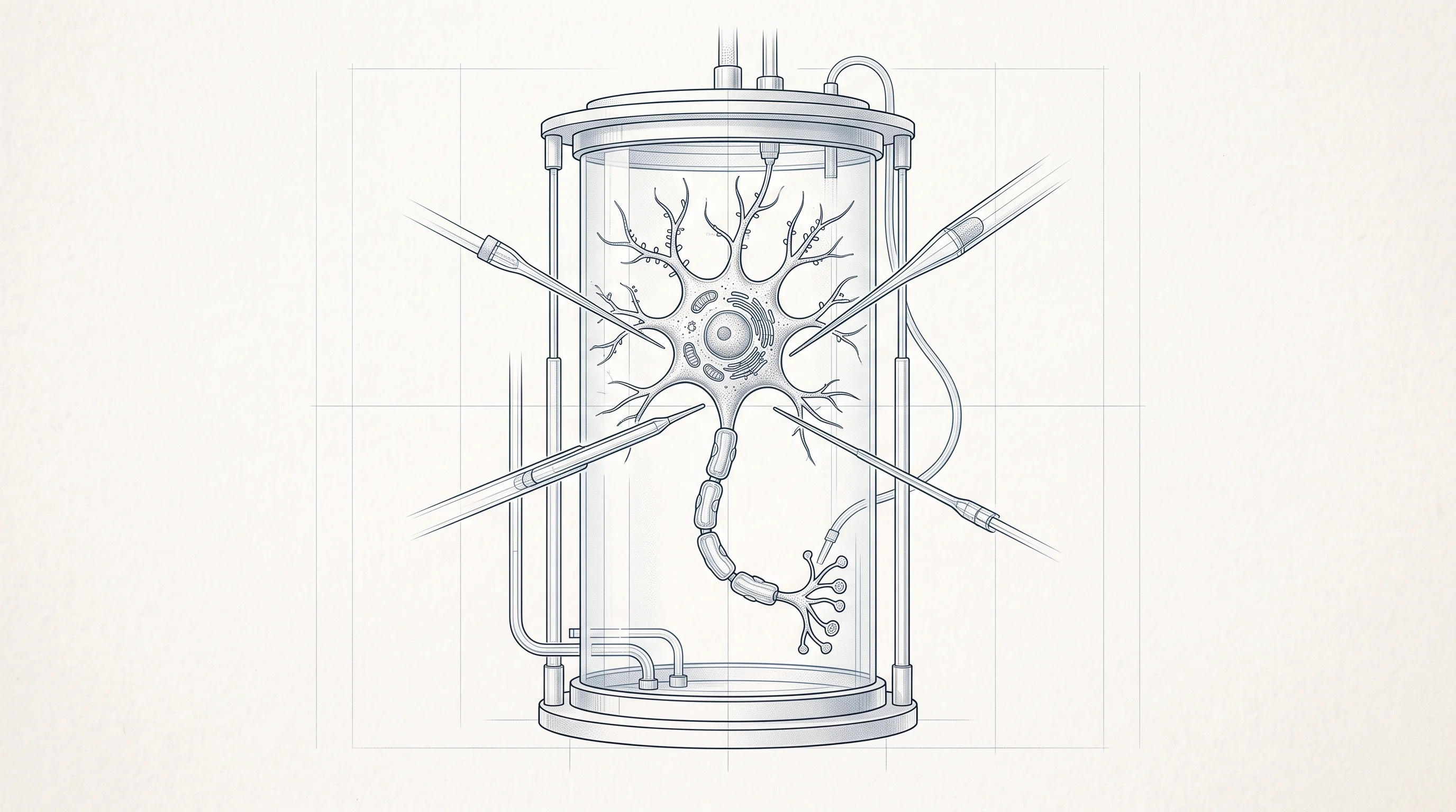 Digital illustration for article section "The Startup Cohort" in "Wetware Computing: How Startups Are Training Brain Cells for AI" - A clean, minimalist technical blueprint-style illustration representing the concept of wetware compu...