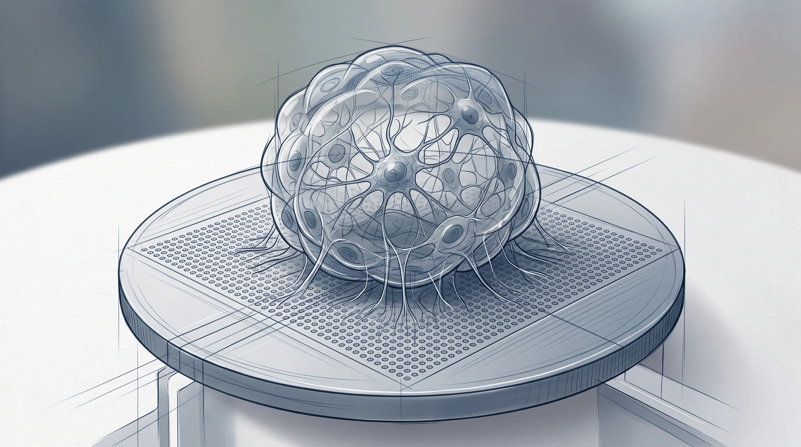 Digital illustration for article section "The Technical Reality" in "Wetware Computing: How Startups Are Training Brain Cells for AI" - A clean, minimal, and highly detailed conceptual visualization of a 3D neural organoid resting on a ...